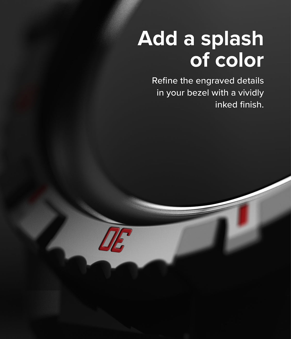 Galaxy Watch 5 Pro (45mm) Case + Band + Wire | Fusion-X Guard - Close-up of a watch bezel with red-inked engraved details.