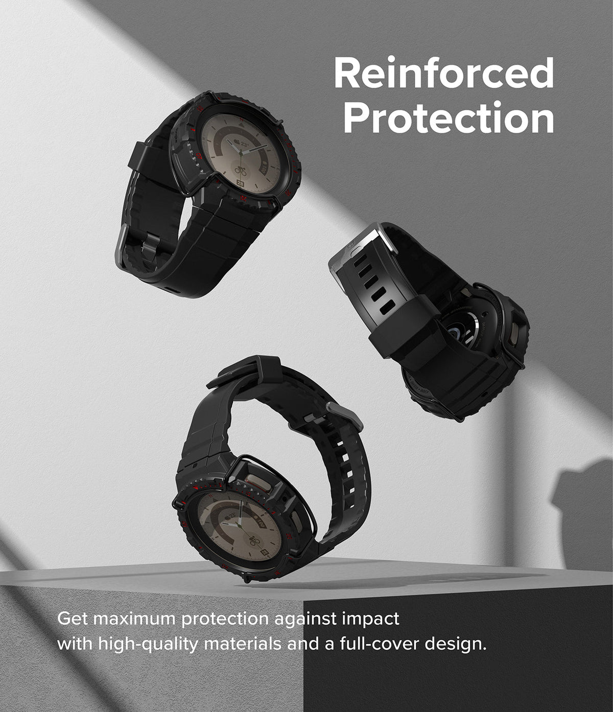 Galaxy Watch 5 Pro (45mm) Case + Band + Wire | Fusion-X Guard - Three black rugged watch cases floating above a pedestal.