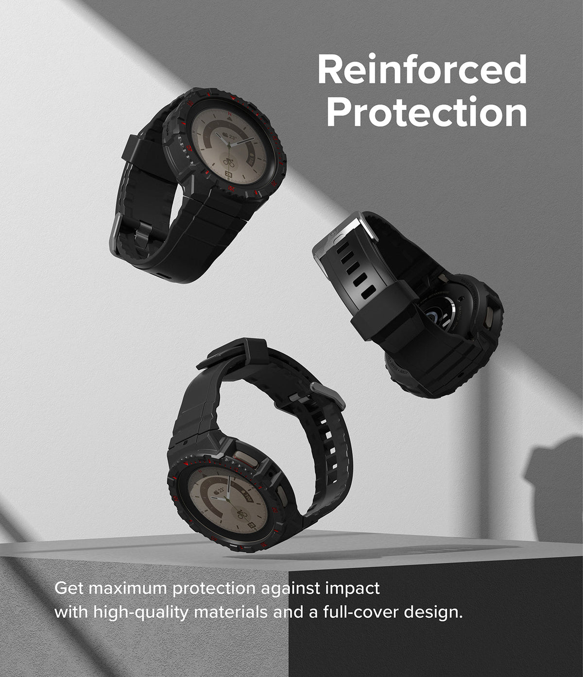 Galaxy Watch 5 Pro (45mm) Case | Fusion-X - Three black rugged watch cases floating against a gray background.