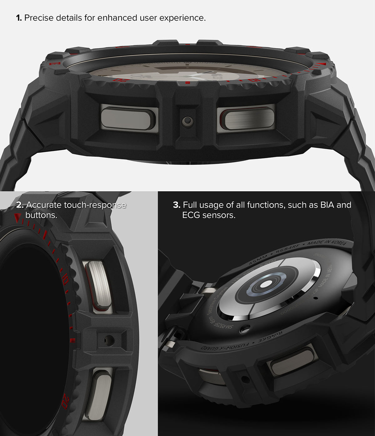Galaxy Watch 5 Pro (45mm) Case | Fusion-X - Close-up views of the rugged black watch case showing button access and sensor compatibility.