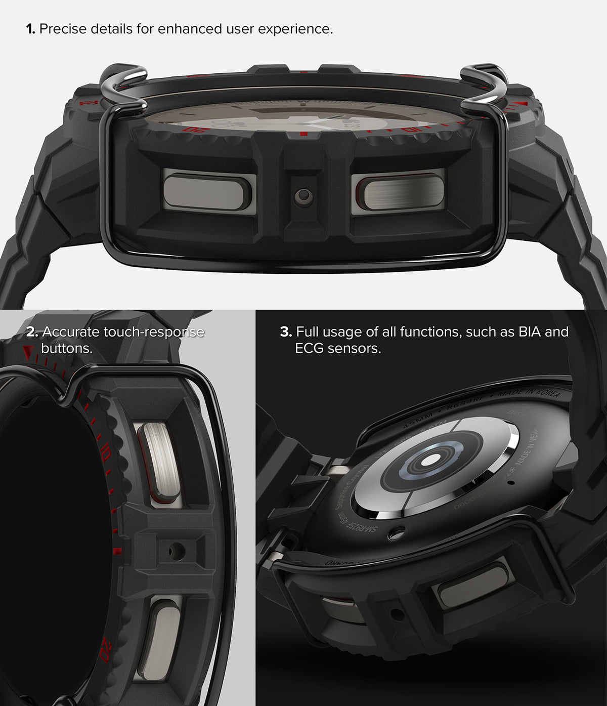 Galaxy Watch 5 Pro (45mm) Case + Band + Wire | Fusion-X Guard - Three views showing the rugged case, buttons, and sensors.