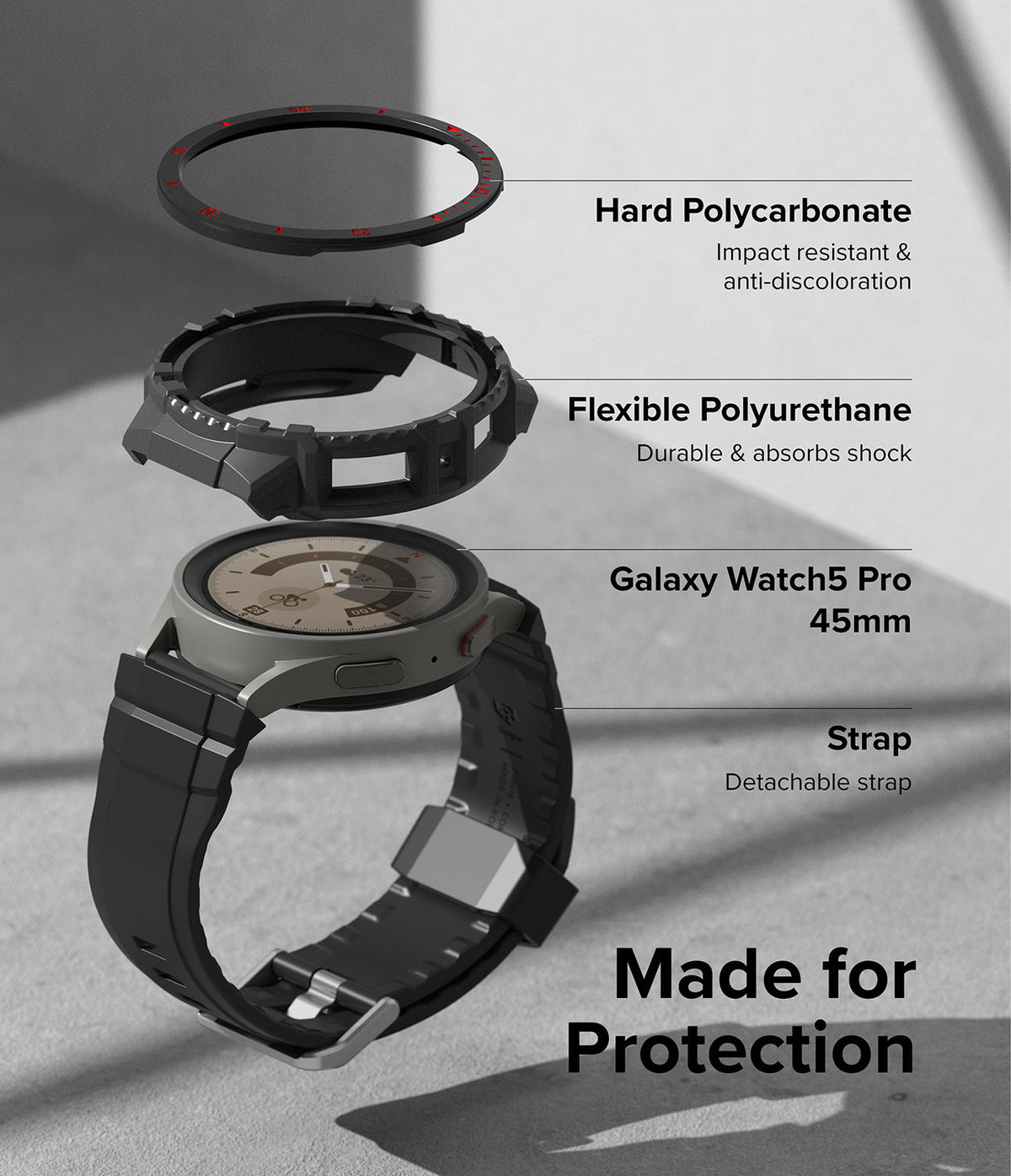 Galaxy Watch 5 Pro (45mm) Case | Fusion-X - Exploded view of watch case components, including bezel, frame, watch, and strap.