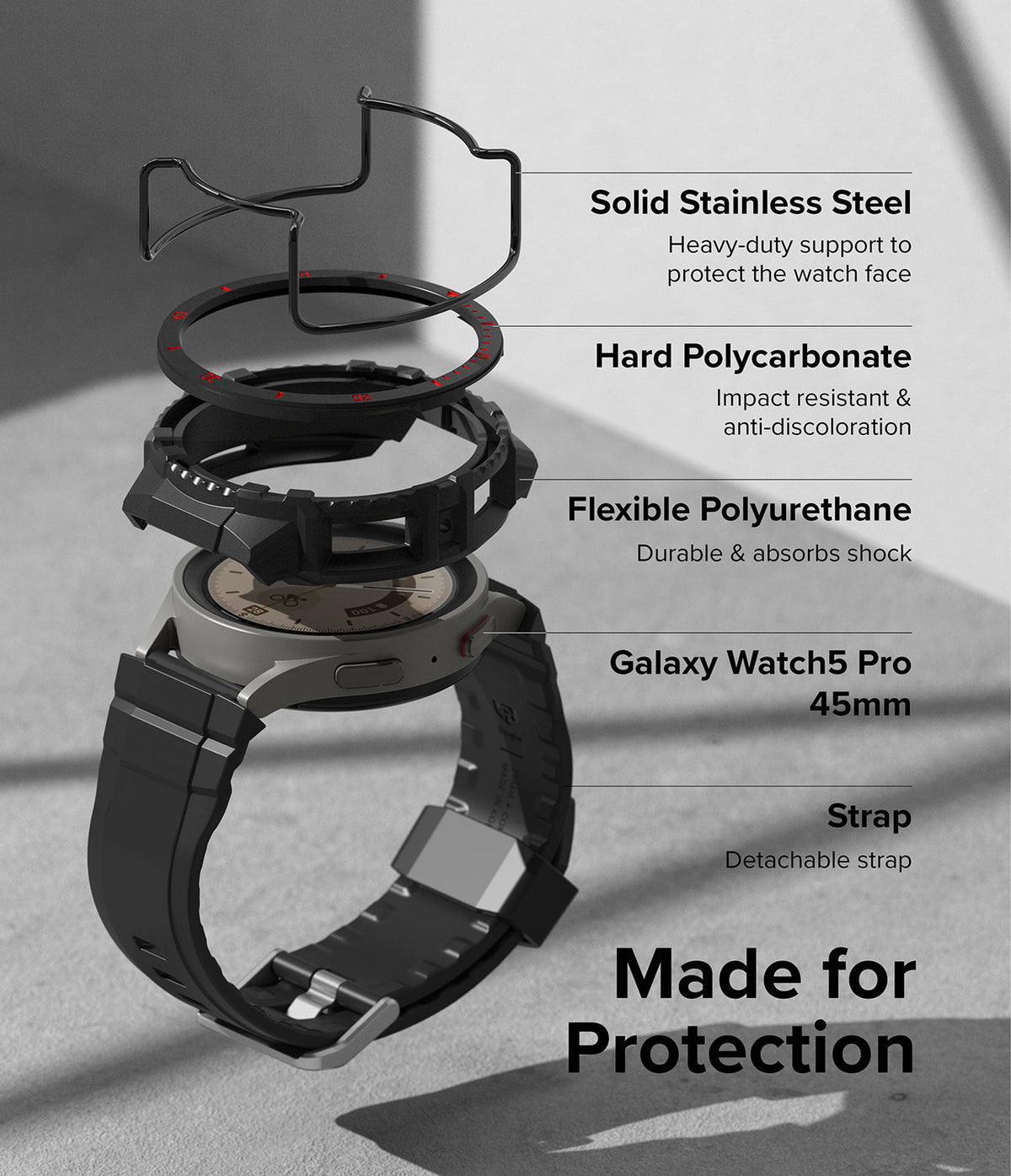 Galaxy Watch 5 Pro (45mm) Case + Band + Wire | Fusion-X Guard - Exploded view of watch case layers and strap components.