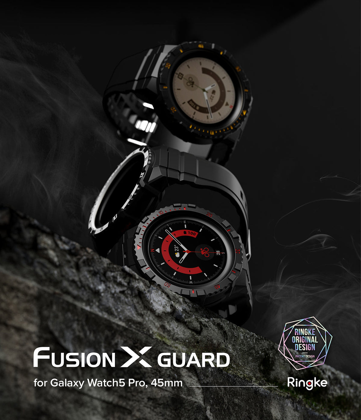 Galaxy Watch 5 Pro (45mm) Case | Fusion-X - Two rugged black watch cases stacked on a rocky ledge amidst swirling smoke.