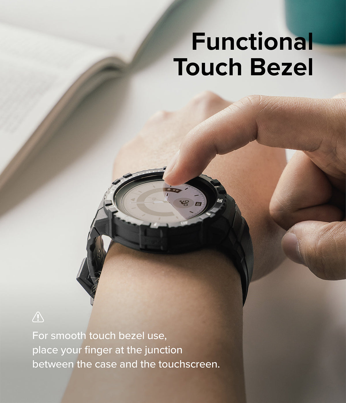 Galaxy Watch 5 Pro (45mm) Case | Fusion-X - Finger touching the edge of a rugged black watch case on a wrist.