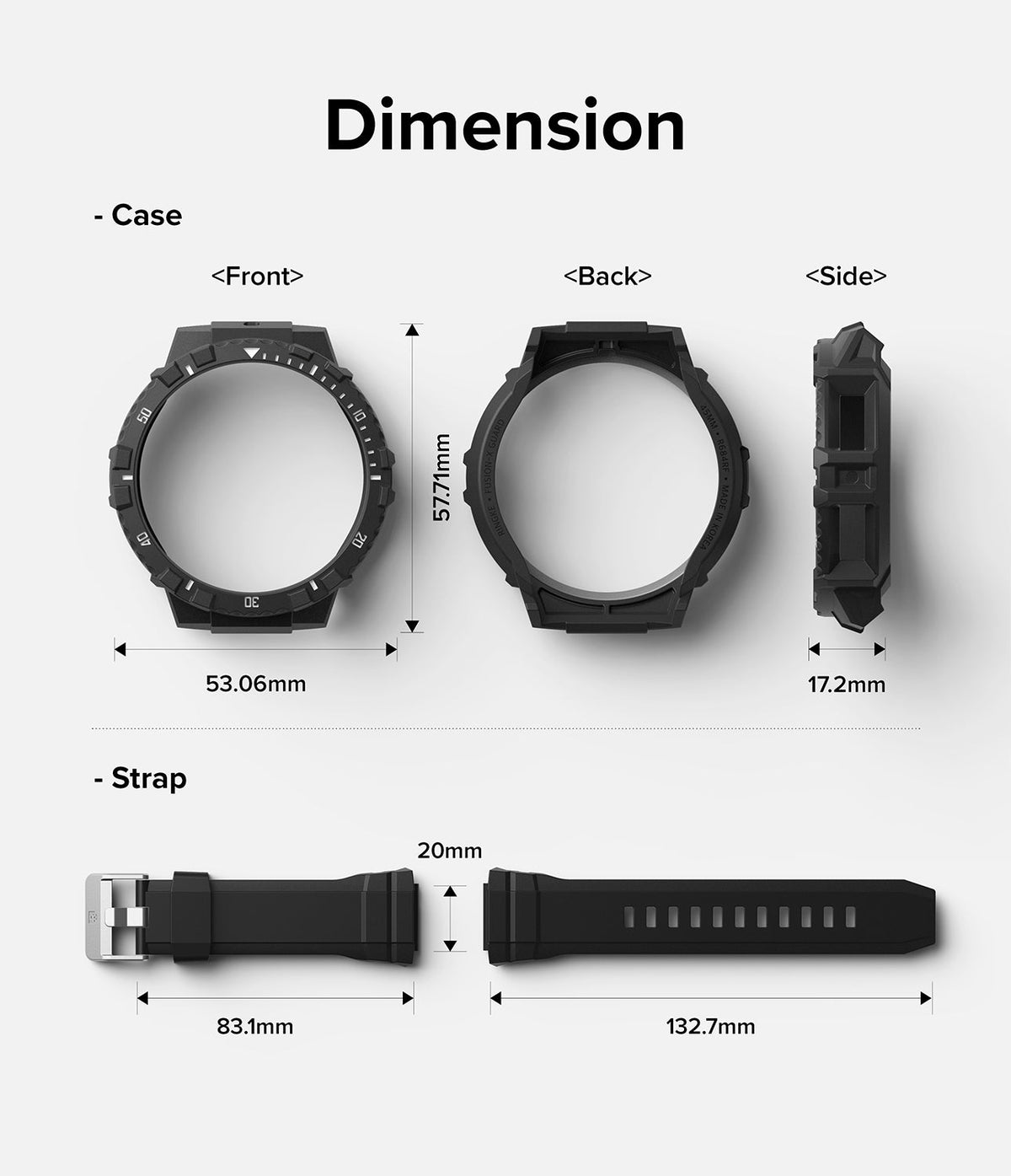 Galaxy Watch 5 Pro (45mm) Case | Fusion-X - Technical diagram showing dimensions for the watch case and strap components.