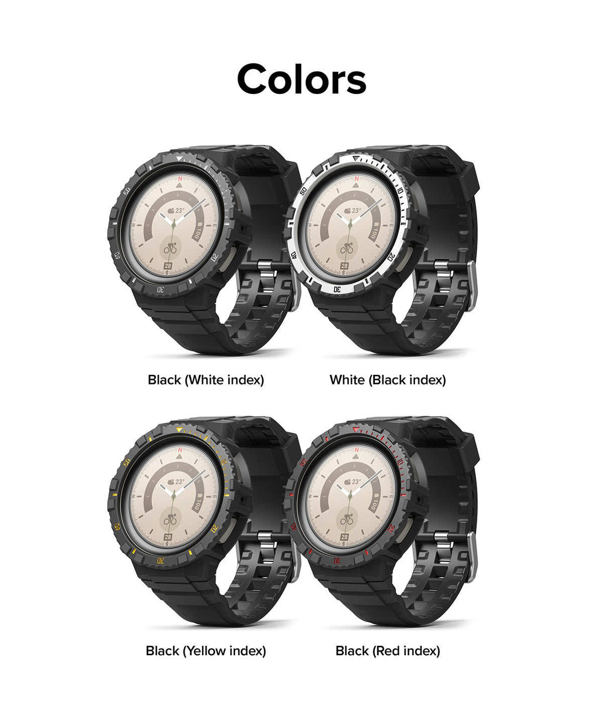 Galaxy Watch 5 Pro (45mm) Case | Fusion-X - Four Galaxy Watch 5 Pro cases in black, white, yellow, and red index color options.