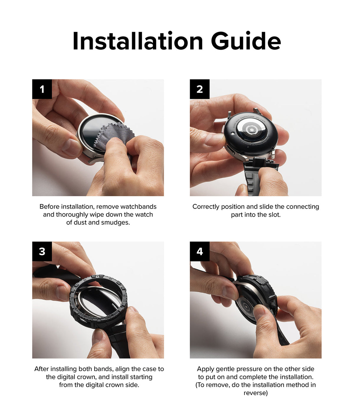 Galaxy Watch 5 Pro (45mm) Case | Fusion-X - Four-step visual guide showing hands installing a protective watch case.
