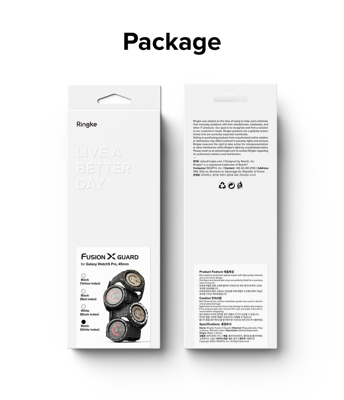 Galaxy Watch 5 Pro (45mm) Case | Fusion-X - Front and back view of the white retail packaging for a watch case.