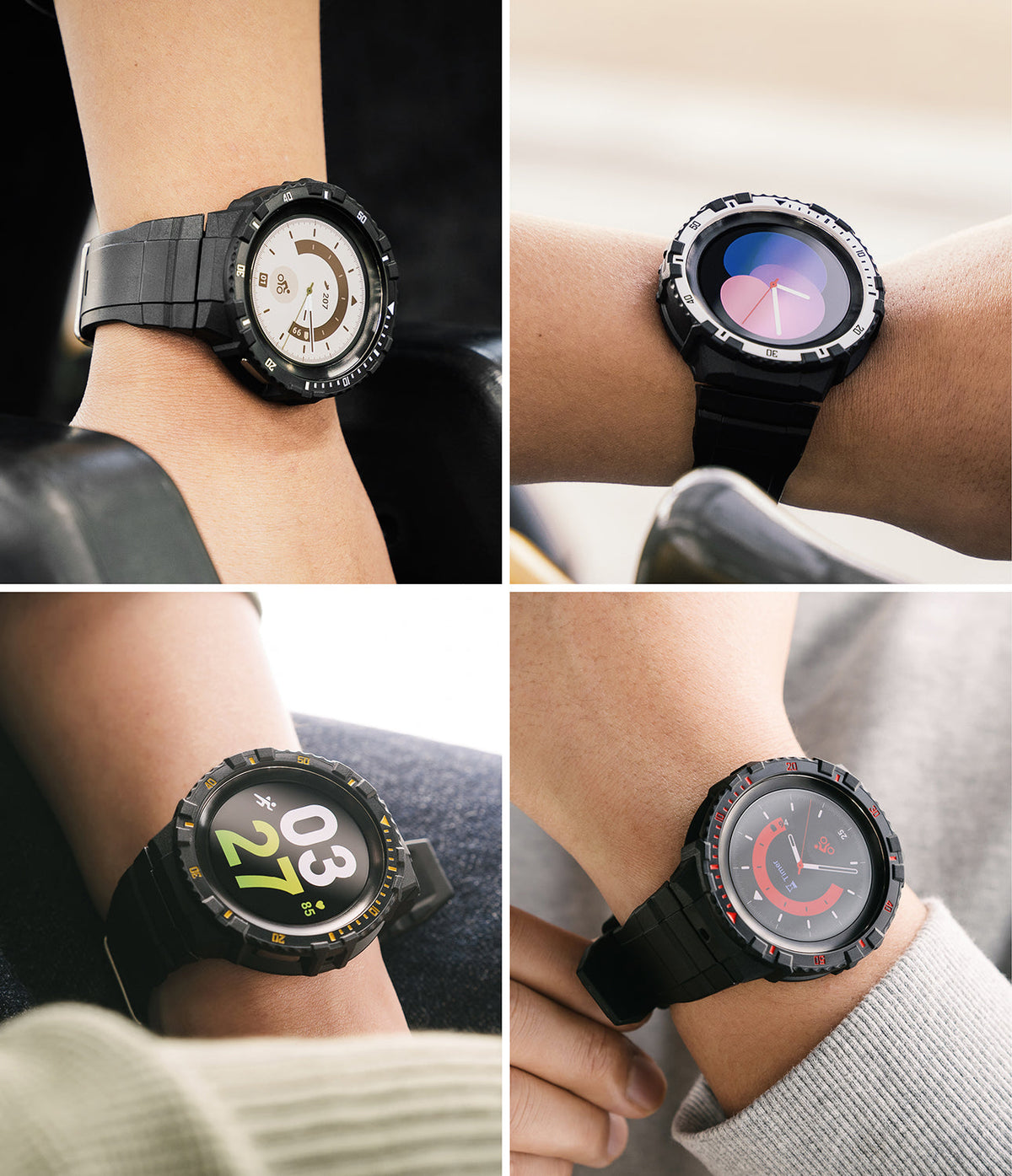 Galaxy Watch 5 Pro (45mm) Case | Fusion-X - Four close-up views of a rugged black protective watch case worn on a wrist.