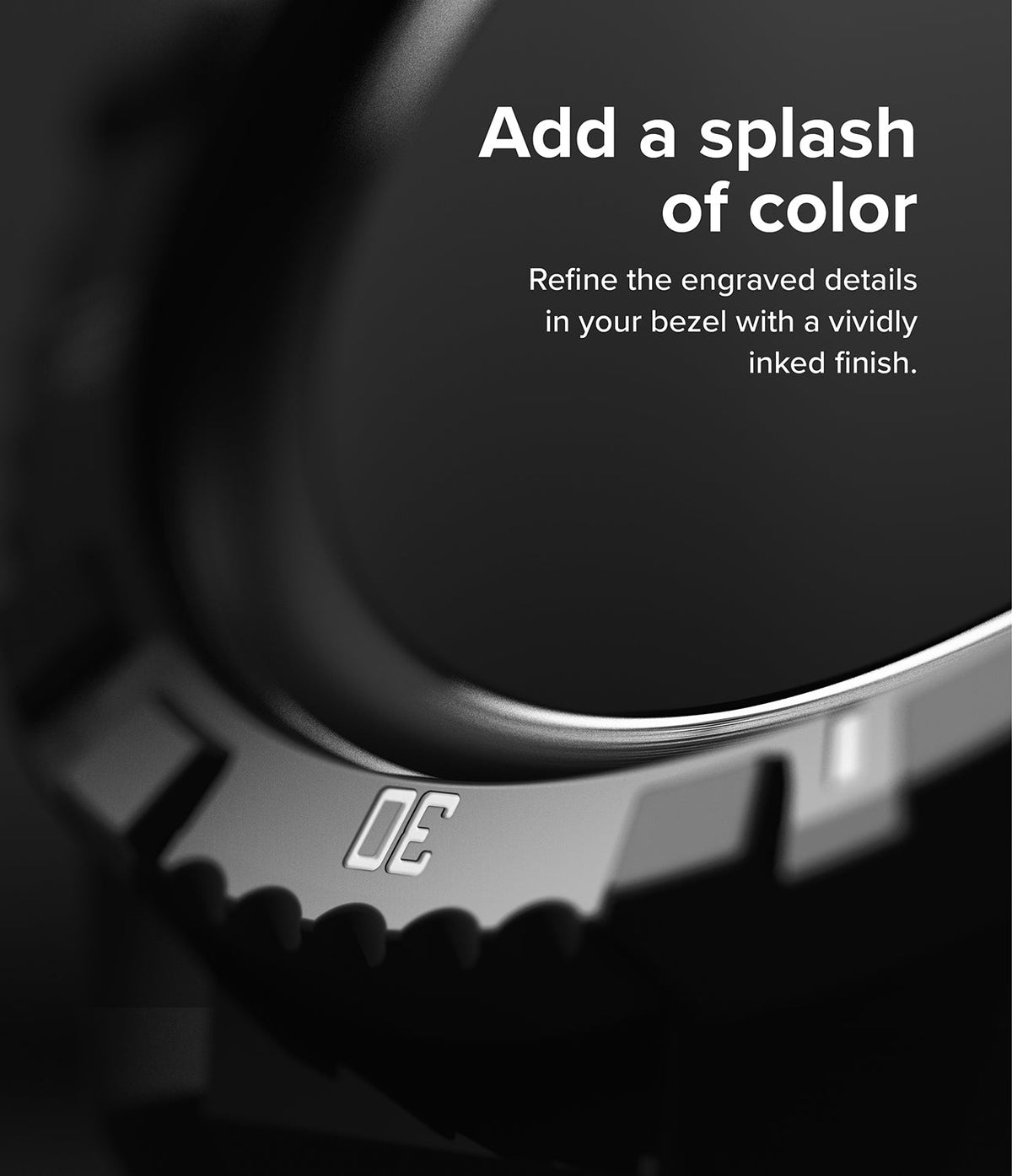 Galaxy Watch 5 Pro (45mm) Case | Fusion-X - Close-up of a watch bezel with engraved, inked details and promotional text.