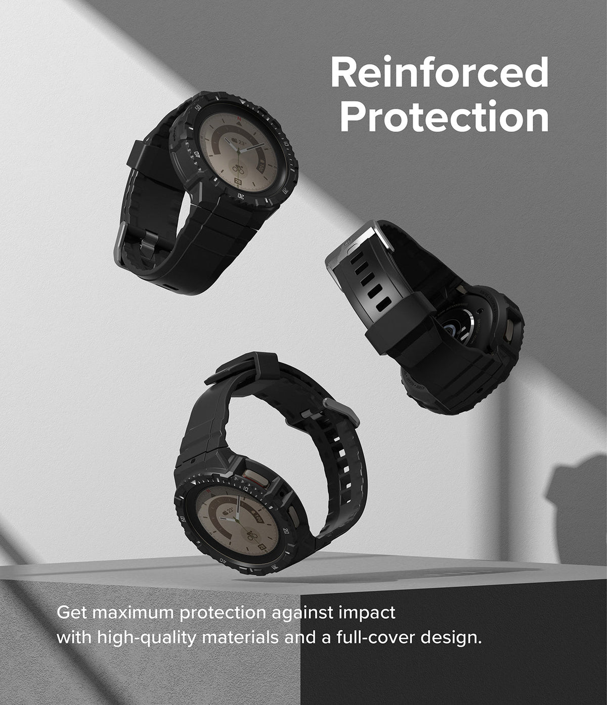 Galaxy Watch 5 Pro (45mm) Case | Fusion-X - Three black rugged watch cases floating against a grey geometric background.