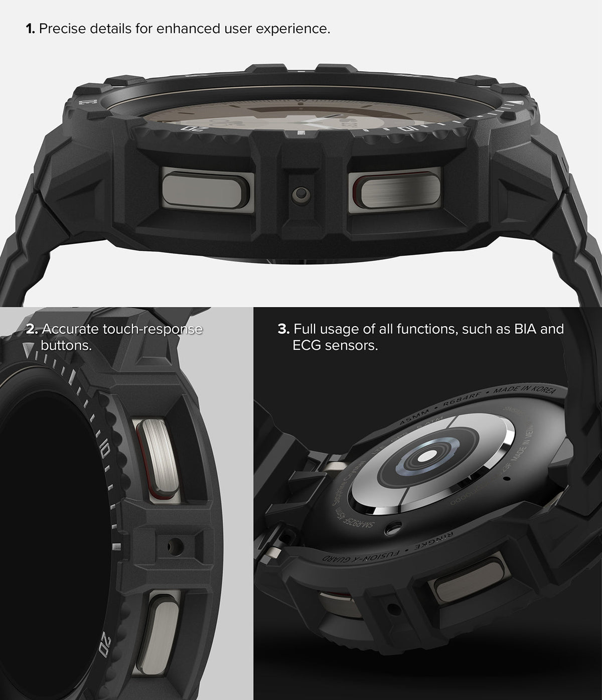 Galaxy Watch 5 Pro (45mm) Case | Fusion-X - Close-up views of a rugged black watch case highlighting button precision and sensor access.