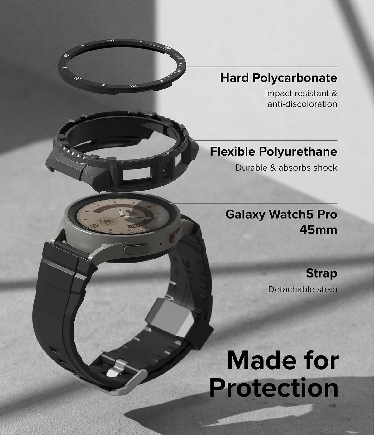 Galaxy Watch 5 Pro (45mm) Case | Fusion-X - Exploded view of watch case layers: polycarbonate bezel, TPU frame, watch, and strap.
