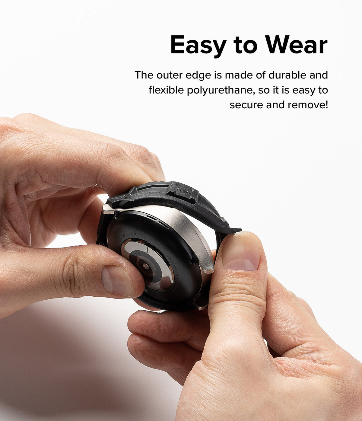 Galaxy Watch 5 Pro (45mm) Case | Fusion-X - Hands installing a flexible black protective case onto a Galaxy Watch 5 Pro.