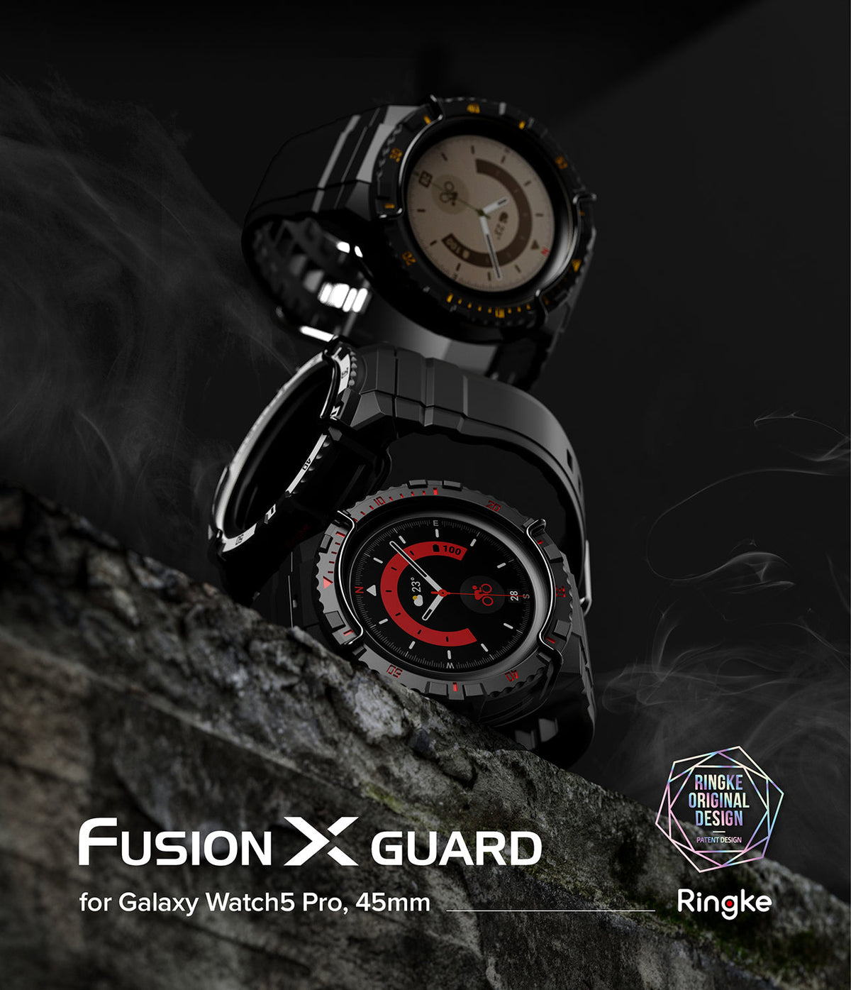 Galaxy Watch 5 Pro (45mm) Case + Band + Wire | Fusion-X Guard - Two rugged black smartwatches stacked on a rocky ledge.
