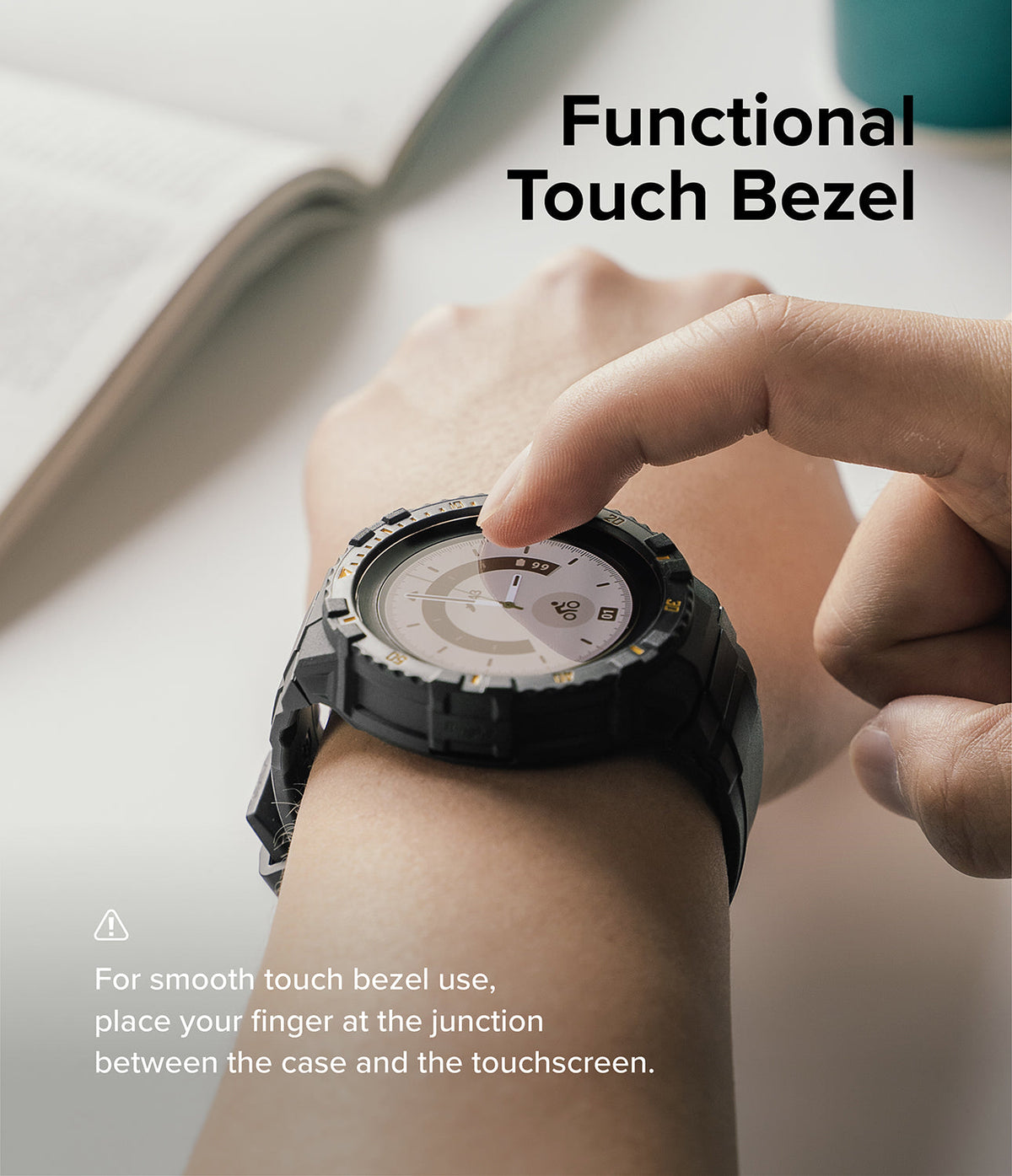 Galaxy Watch 5 Pro (45mm) Case | Fusion-X - Finger touching the edge of a rugged black watch case on a wrist.