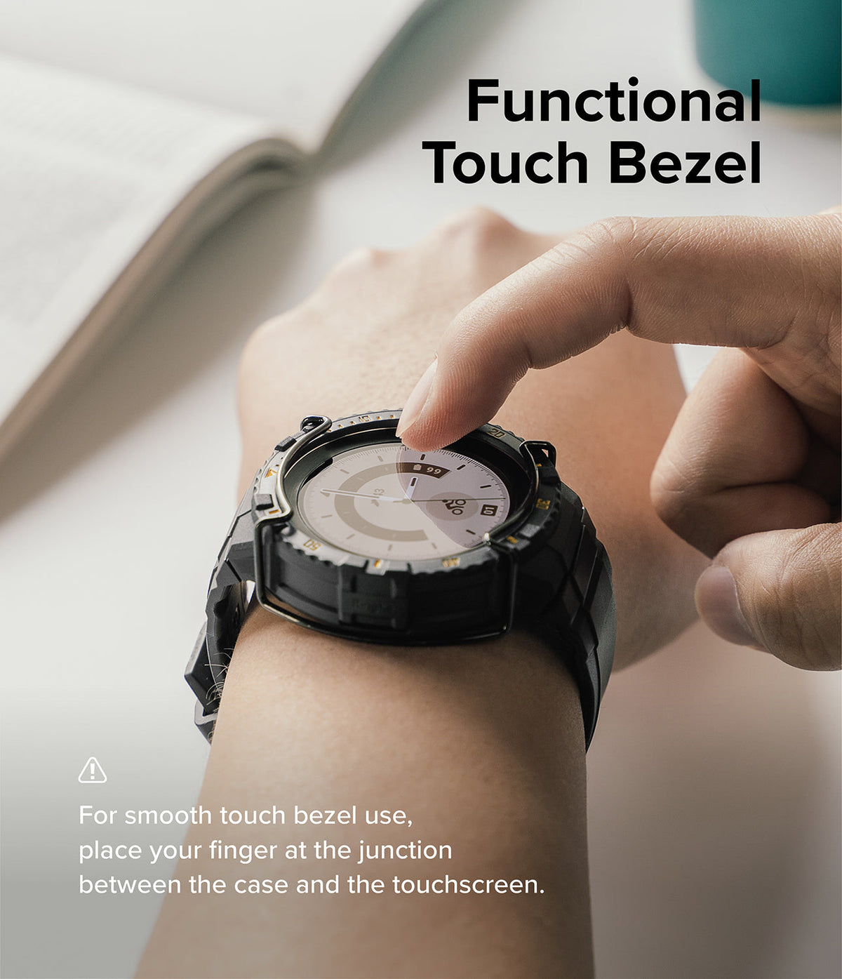 Galaxy Watch 5 Pro (45mm) Case + Band + Wire | Fusion-X Guard - Finger touching the edge of a rugged watch case.