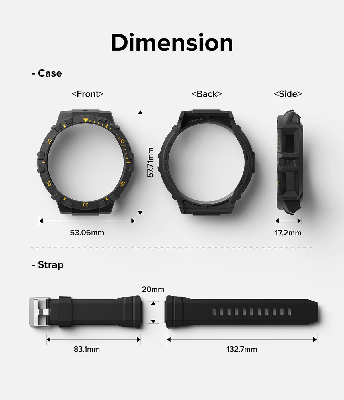 Galaxy Watch 5 Pro (45mm) Case | Fusion-X - Technical diagram showing dimensions for the watch case and strap.