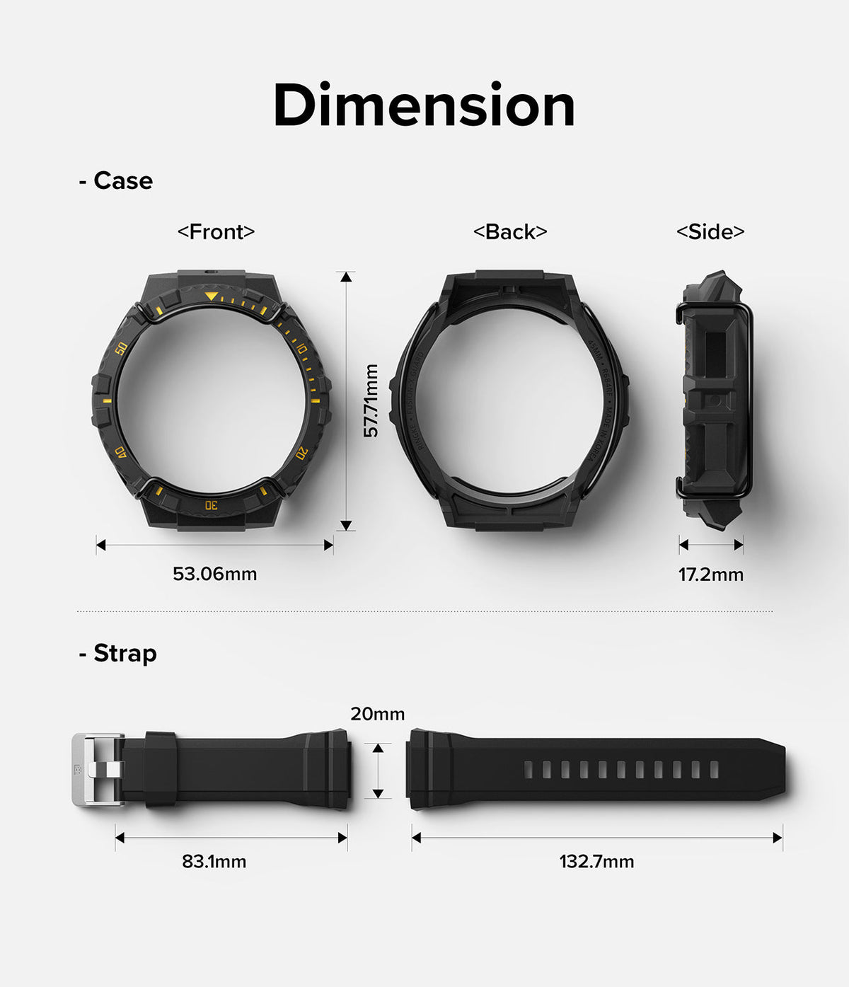 Galaxy Watch 5 Pro (45mm) Case + Band + Wire | Fusion-X Guard - Technical dimension diagram showing watch case and strap.