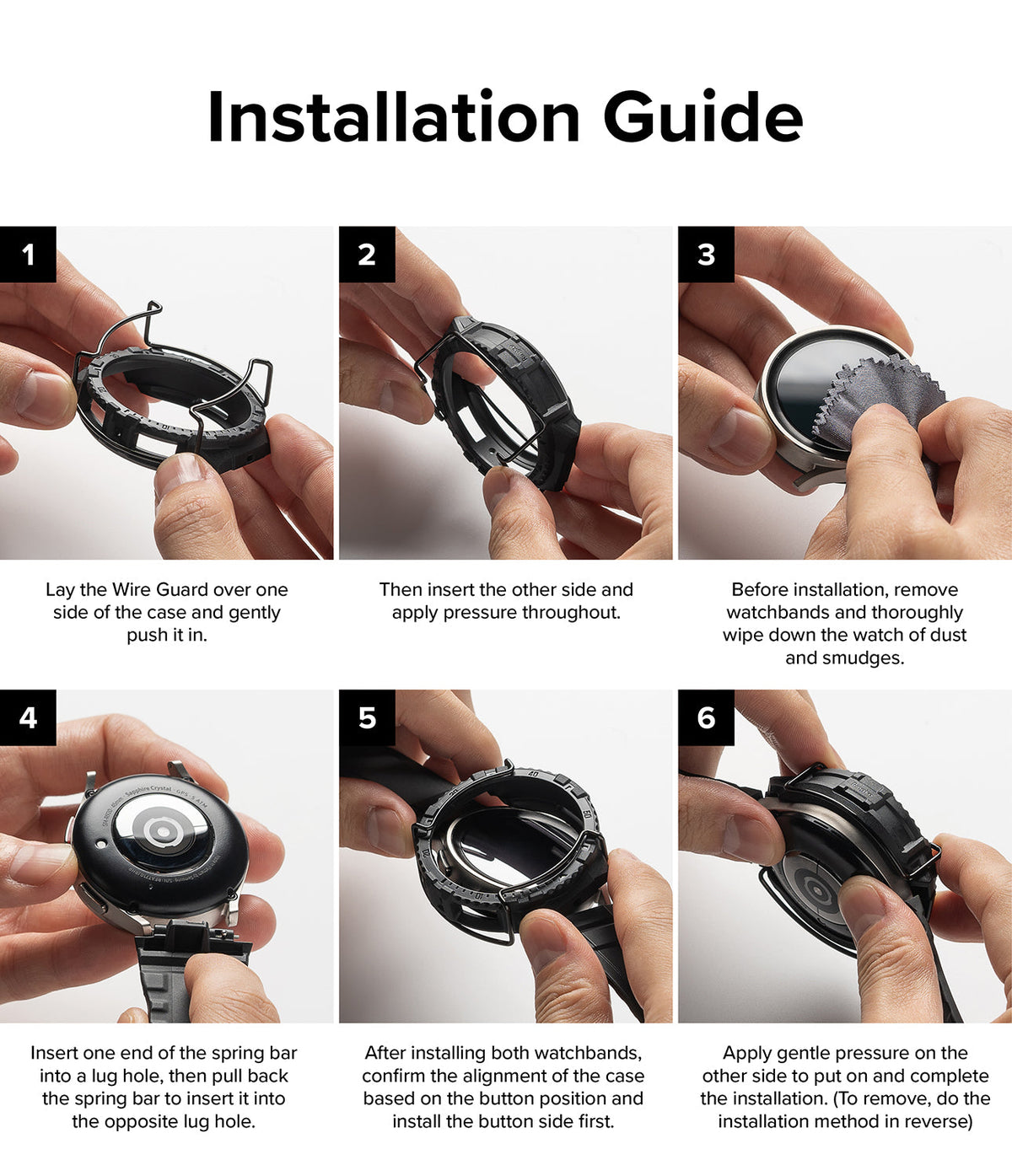 Galaxy Watch 5 Pro (45mm) Case + Band + Wire | Fusion-X Guard - Six-step installation guide for watch case and wire guard.