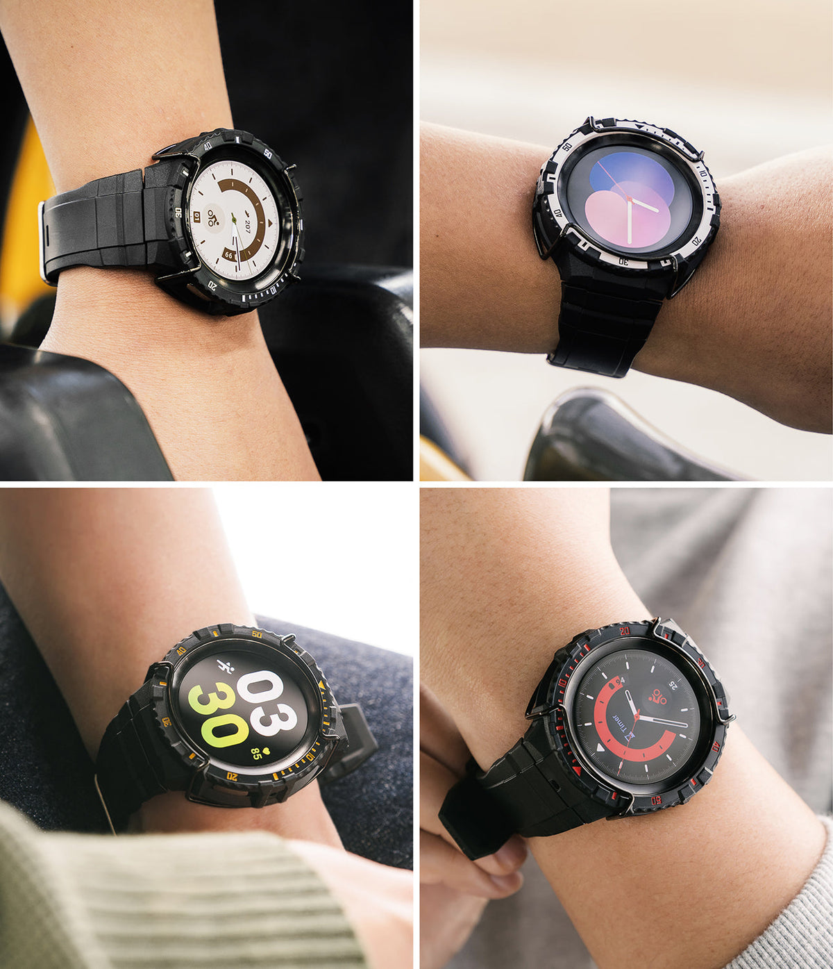 Galaxy Watch 5 Pro (45mm) Case + Band + Wire | Fusion-X Guard - Four close-up views of a rugged black watch case on wrists.