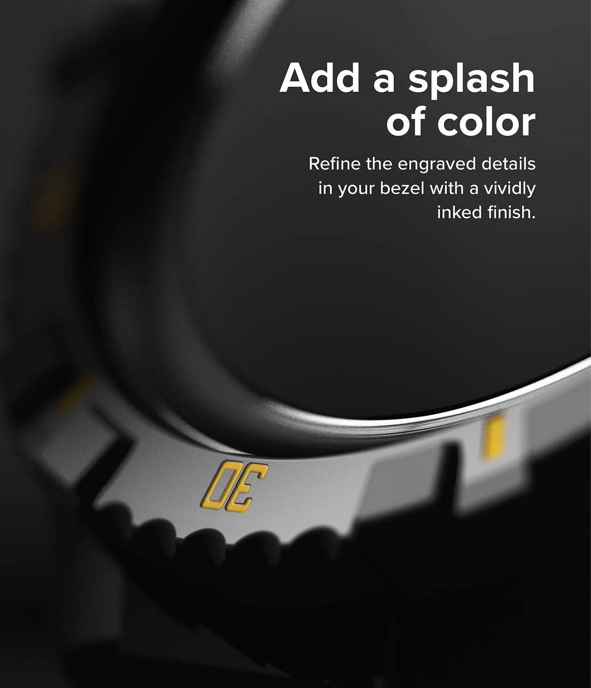 Galaxy Watch 5 Pro (45mm) Case | Fusion-X - Close-up of a watch bezel with yellow-inked engraved details and promotional text.