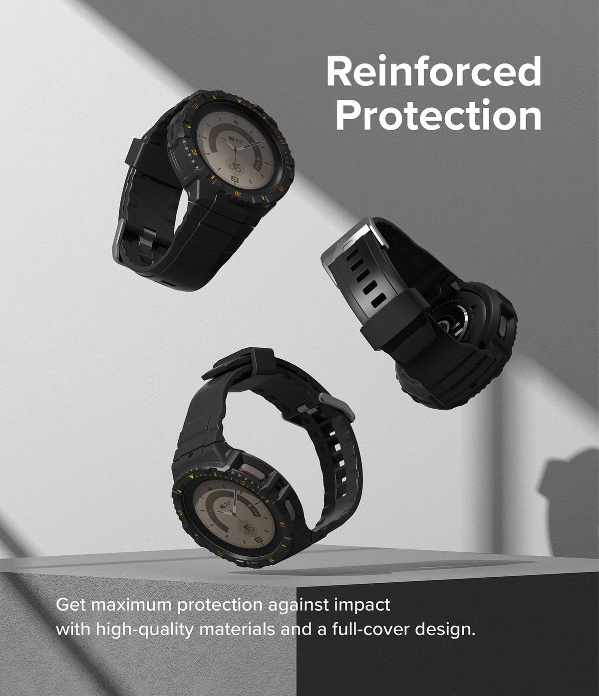 Galaxy Watch 5 Pro (45mm) Case | Fusion-X - Three black rugged watch cases floating above a grey pedestal.