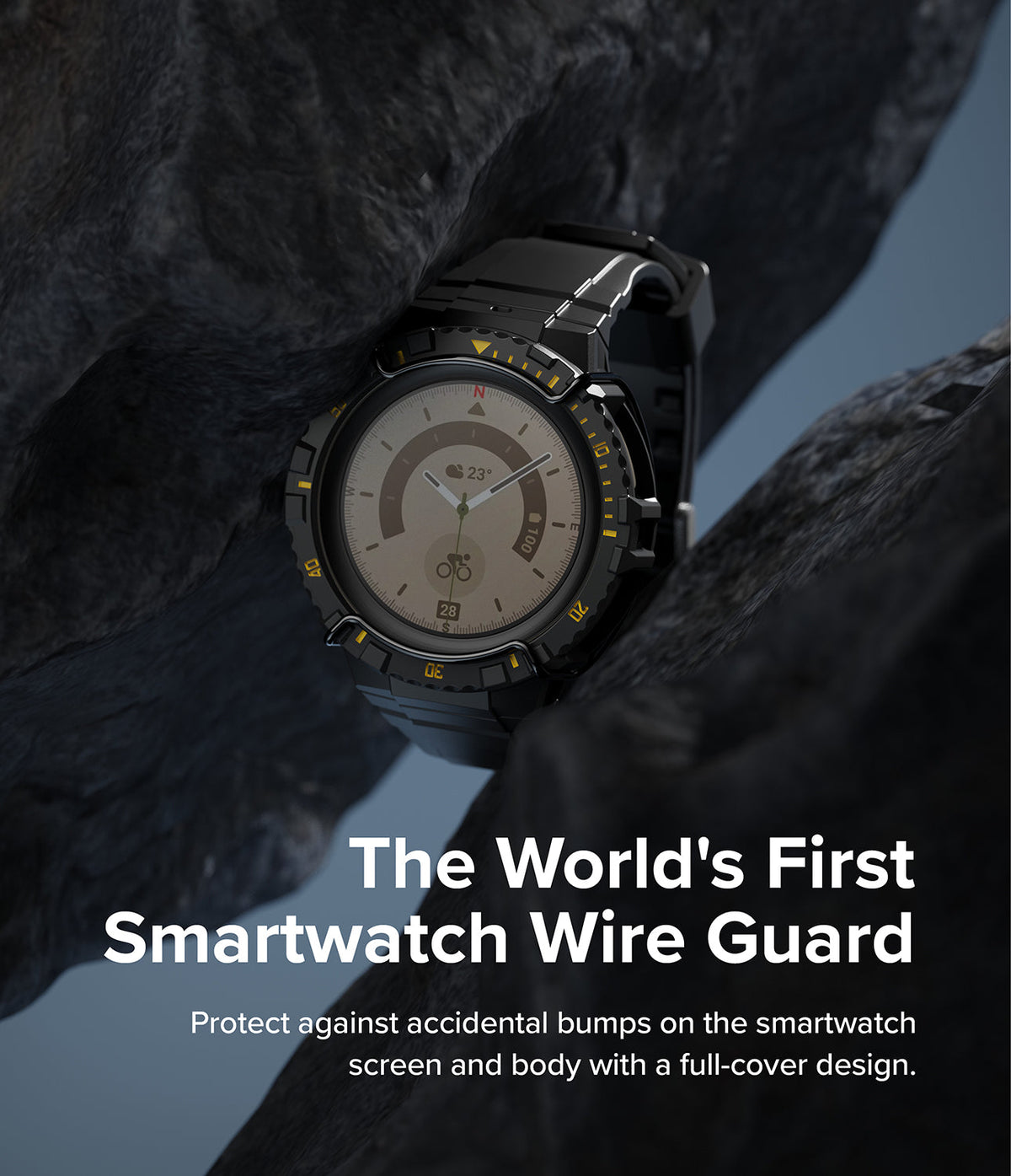Galaxy Watch 5 Pro (45mm) Case + Band + Wire | Fusion-X Guard - Rugged black smartwatch with wire guard between rocks.
