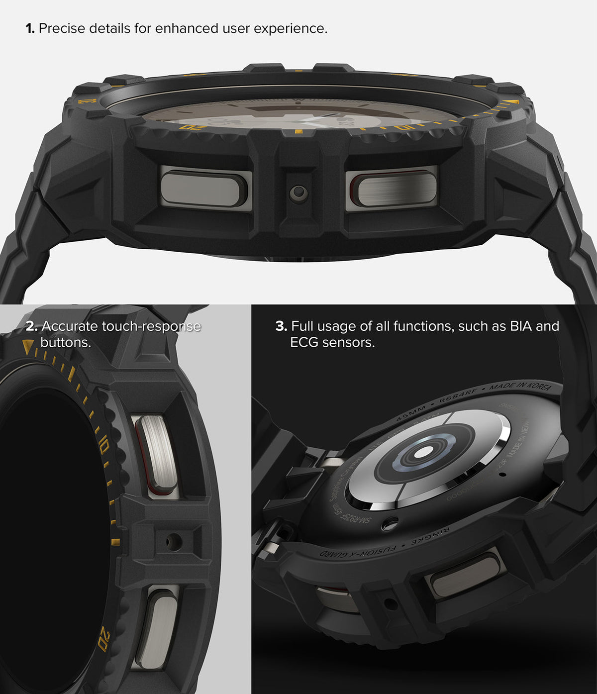 Galaxy Watch 5 Pro (45mm) Case | Fusion-X - Close-up views of a rugged black watch case highlighting button precision and sensor access.