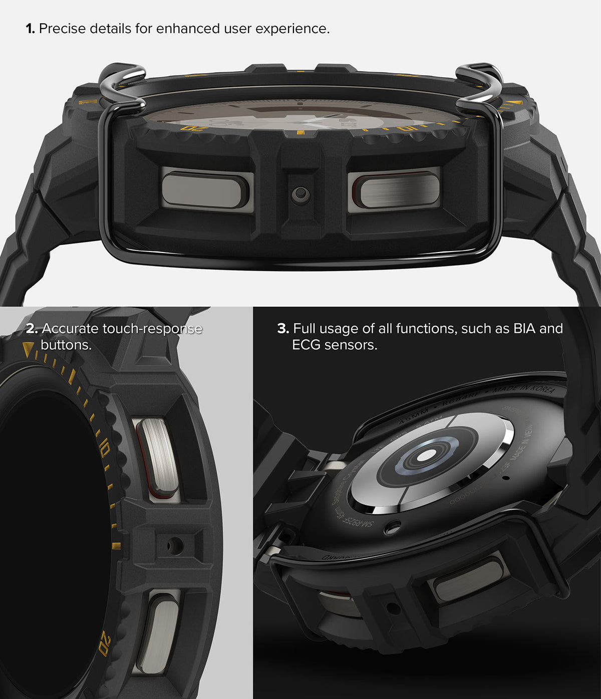 Galaxy Watch 5 Pro (45mm) Case + Band + Wire | Fusion-X Guard - Close-up views of watch buttons and sensor backplate.