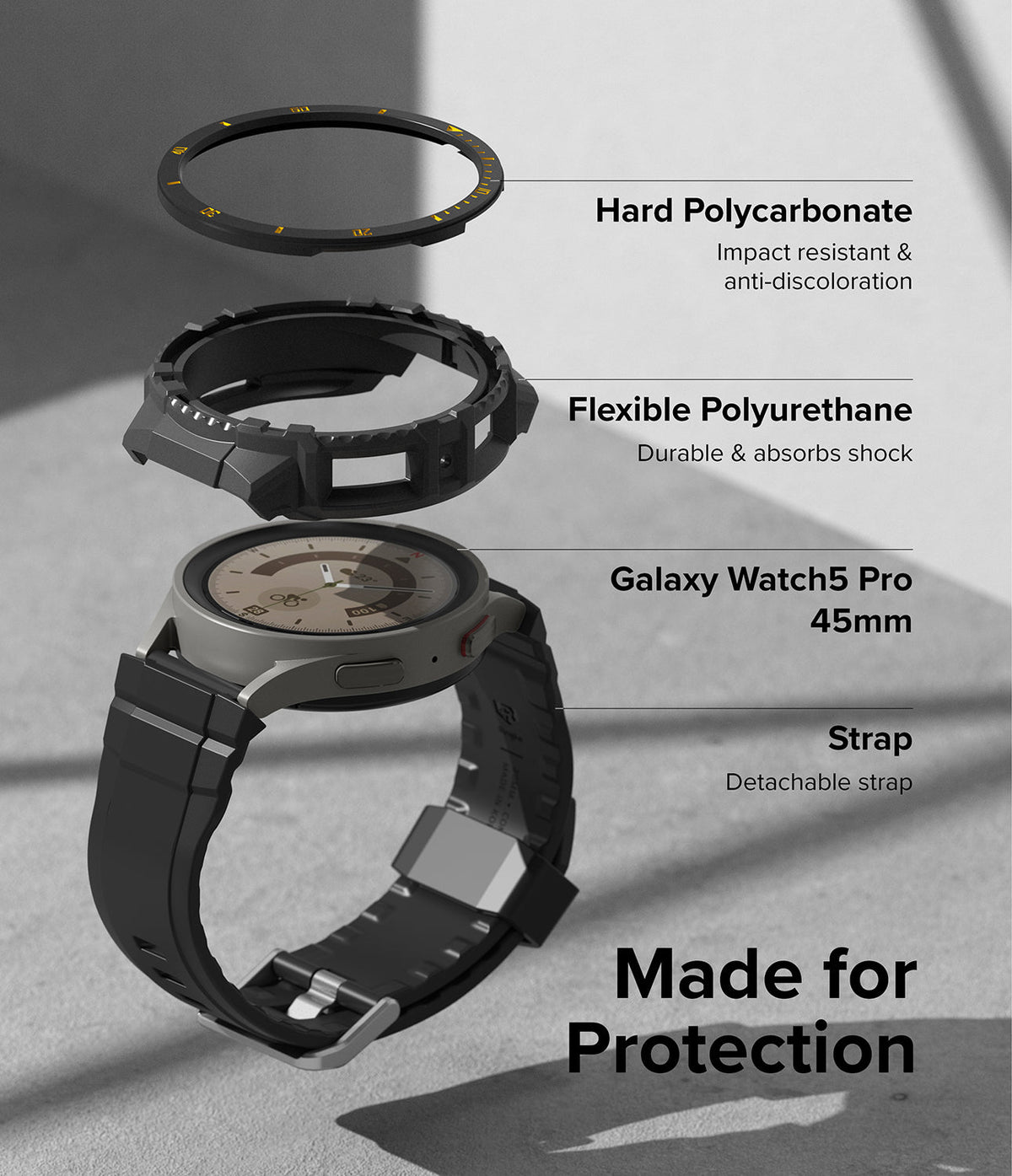 Galaxy Watch 5 Pro (45mm) Case | Fusion-X - Exploded view of watch case components, strap, and Galaxy Watch 5 Pro.