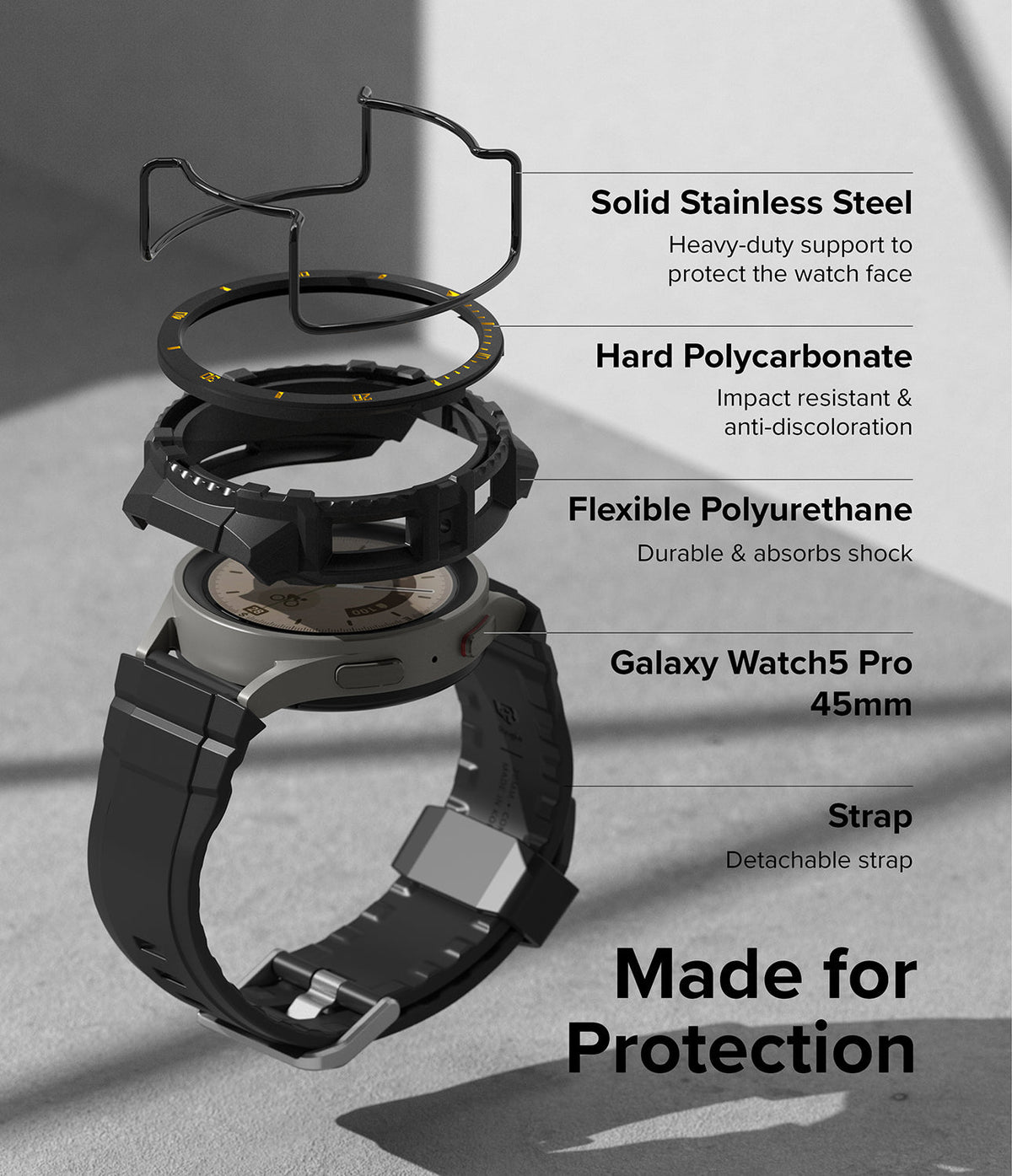 Galaxy Watch 5 Pro (45mm) Case + Band + Wire | Fusion-X Guard - Exploded view of watch case layers and protective strap.