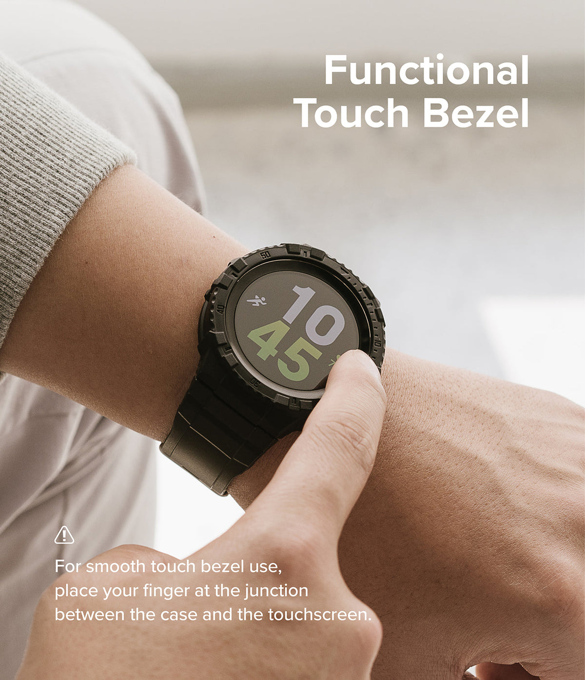Galaxy Watch 5 Pro 45mm Case + Band | Fusion-X Guard - Finger touching the edge of a rugged black watch case and screen.