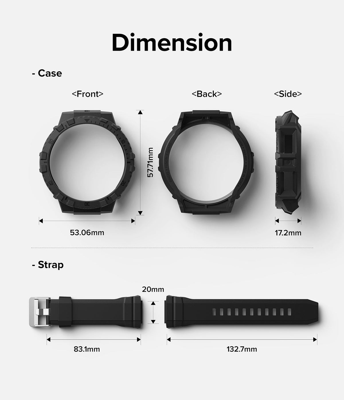 Galaxy Watch 5 Pro 45mm Case + Band | Fusion-X Guard - Technical diagram showing dimensions for the watch case and strap.