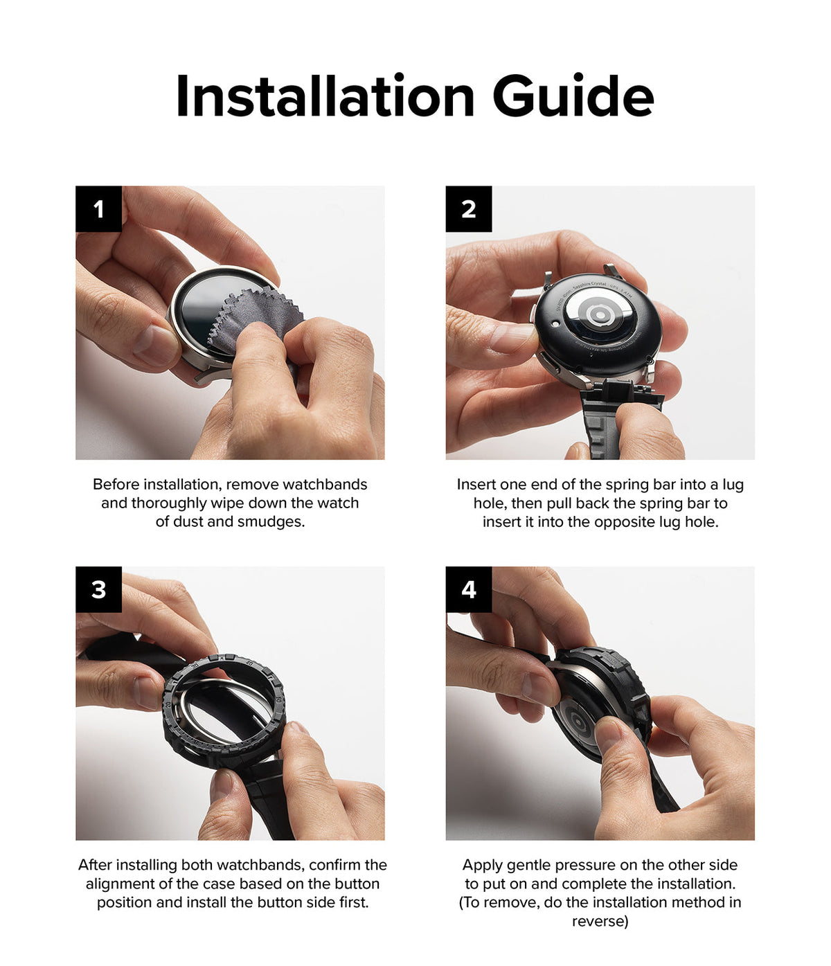 Galaxy Watch 5 Pro 45mm Case + Band | Fusion-X Guard - Four-step visual guide showing how to clean, attach, and install.