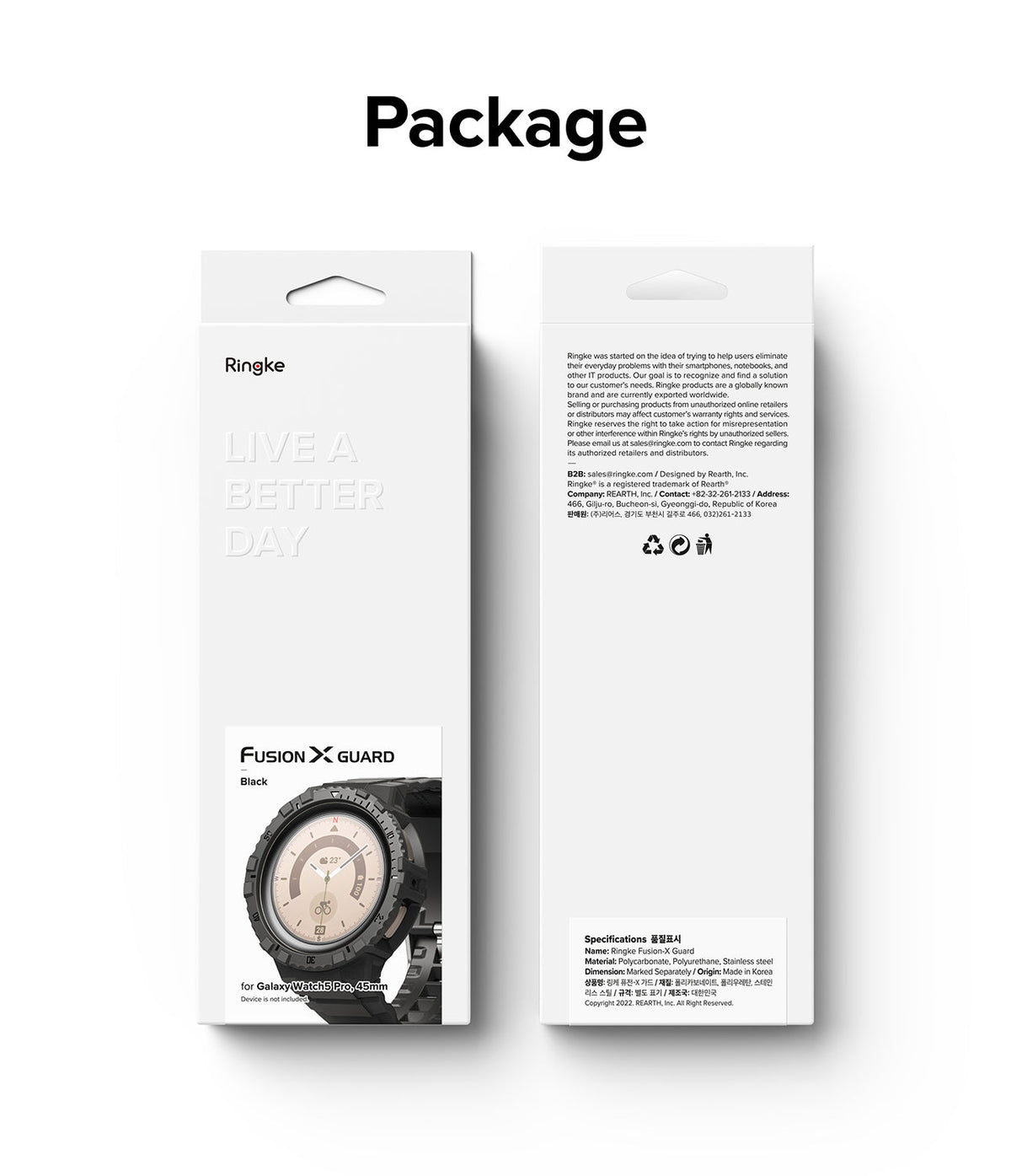 Galaxy Watch 5 Pro 45mm Case + Band | Fusion-X Guard - Front and back views of the white Ringke Fusion-X Guard packaging.