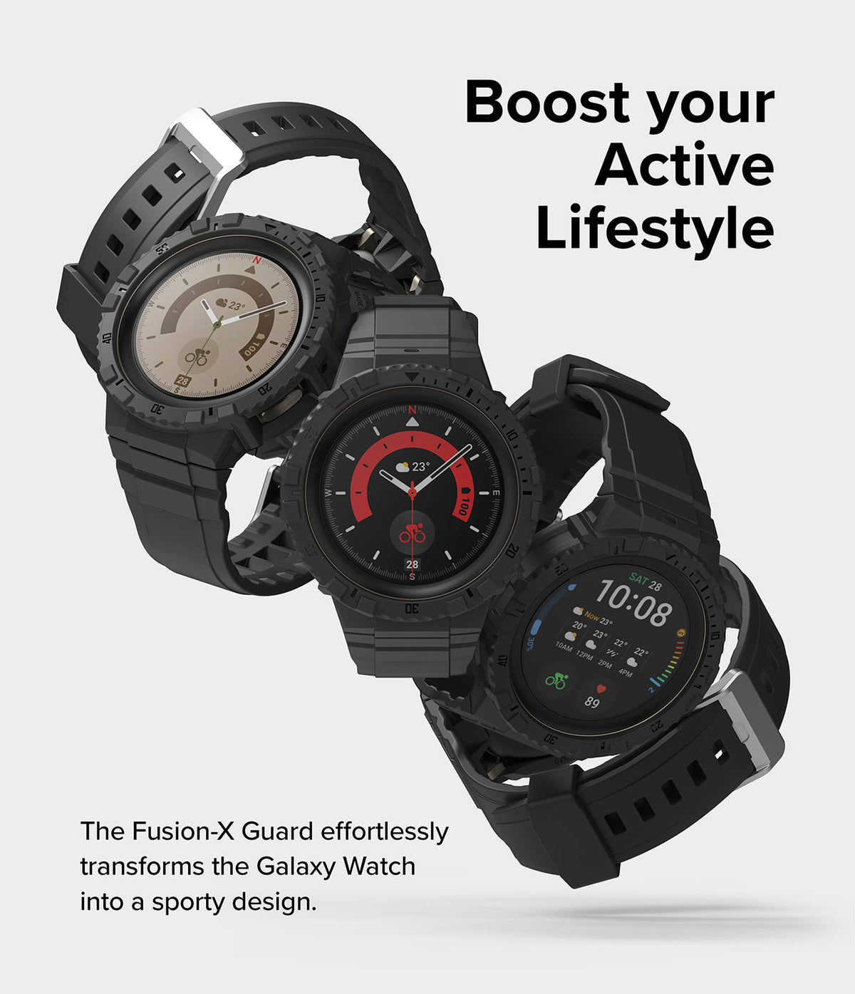Galaxy Watch 5 Pro 45mm Case + Band | Fusion-X Guard - Three black Galaxy Watches with rugged protective cases and bands.