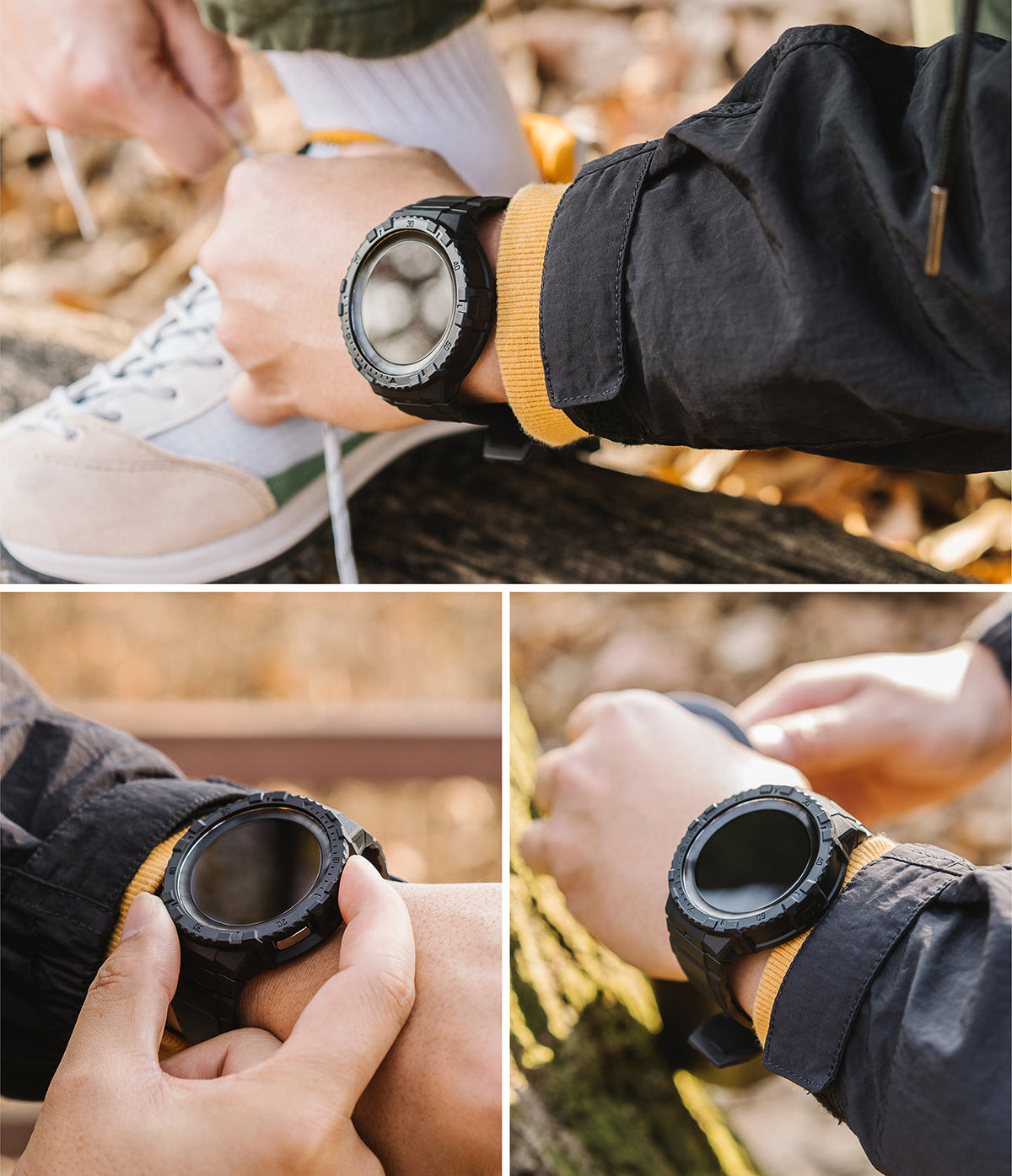 Galaxy Watch 5 Pro 45mm Case + Band | Fusion-X Guard - Rugged black protective watch case worn on a wrist outdoors.