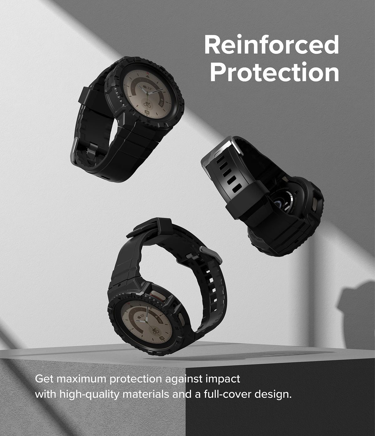 Galaxy Watch 5 Pro 45mm Case + Band | Fusion-X Guard - Three black rugged watch cases floating against a gray background.