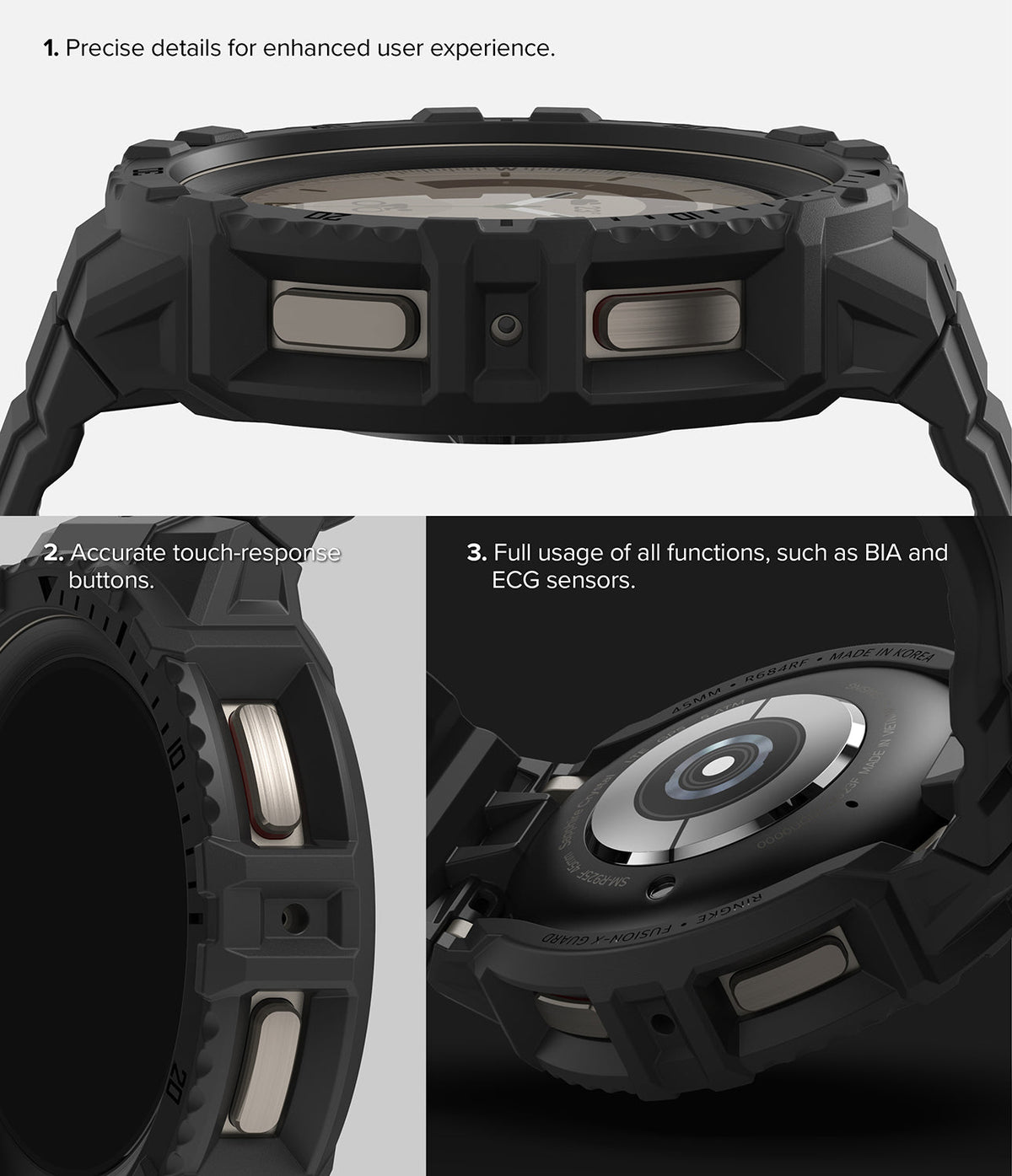 Galaxy Watch 5 Pro 45mm Case + Band | Fusion-X Guard - Close-up views of the rugged black watch case and buttons.