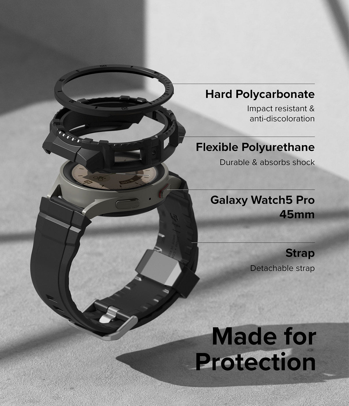Galaxy Watch 5 Pro 45mm Case + Band | Fusion-X Guard - Exploded view of watch case, bezel, and strap with labels.
