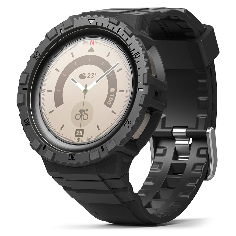 Galaxy Watch 5 Pro 45mm Case + Band | Fusion-X Guard - Rugged black protective case and strap on a Galaxy Watch 5 Pro.