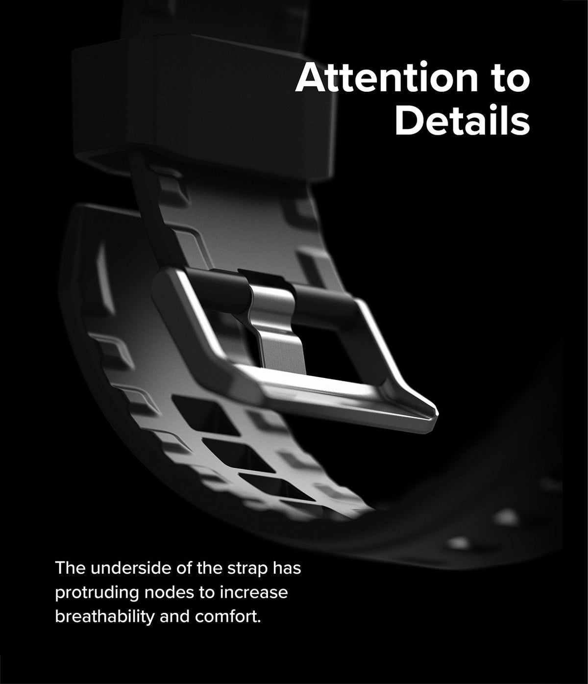 Galaxy Watch 5 Pro 45mm Case + Band | Fusion-X Guard - Close-up of a black watch strap buckle with textured nodes for breathability.