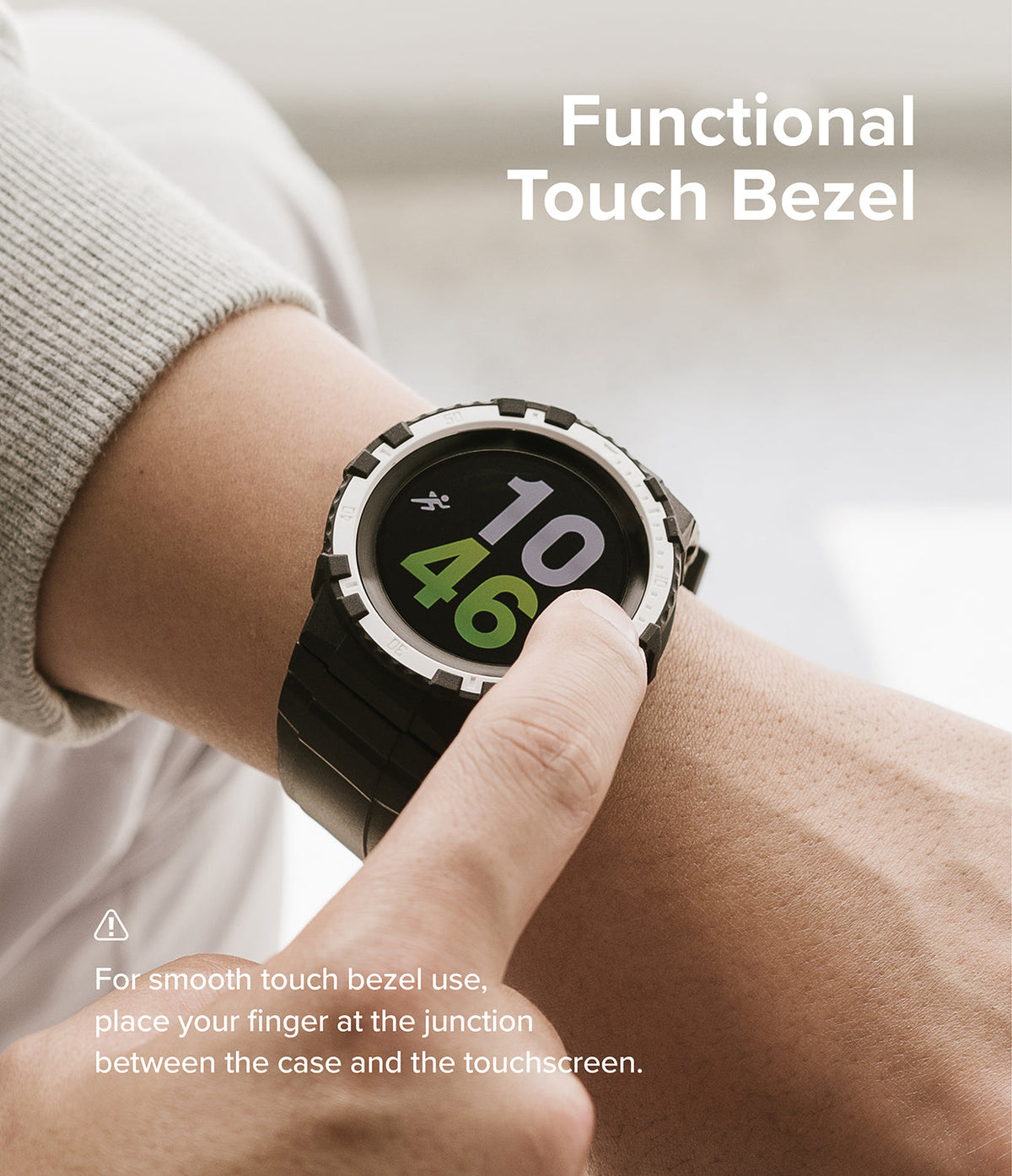 Galaxy Watch 5 Pro 45mm Case + Band | Fusion-X Guard - Finger touching the edge of a rugged watch case on a wrist.