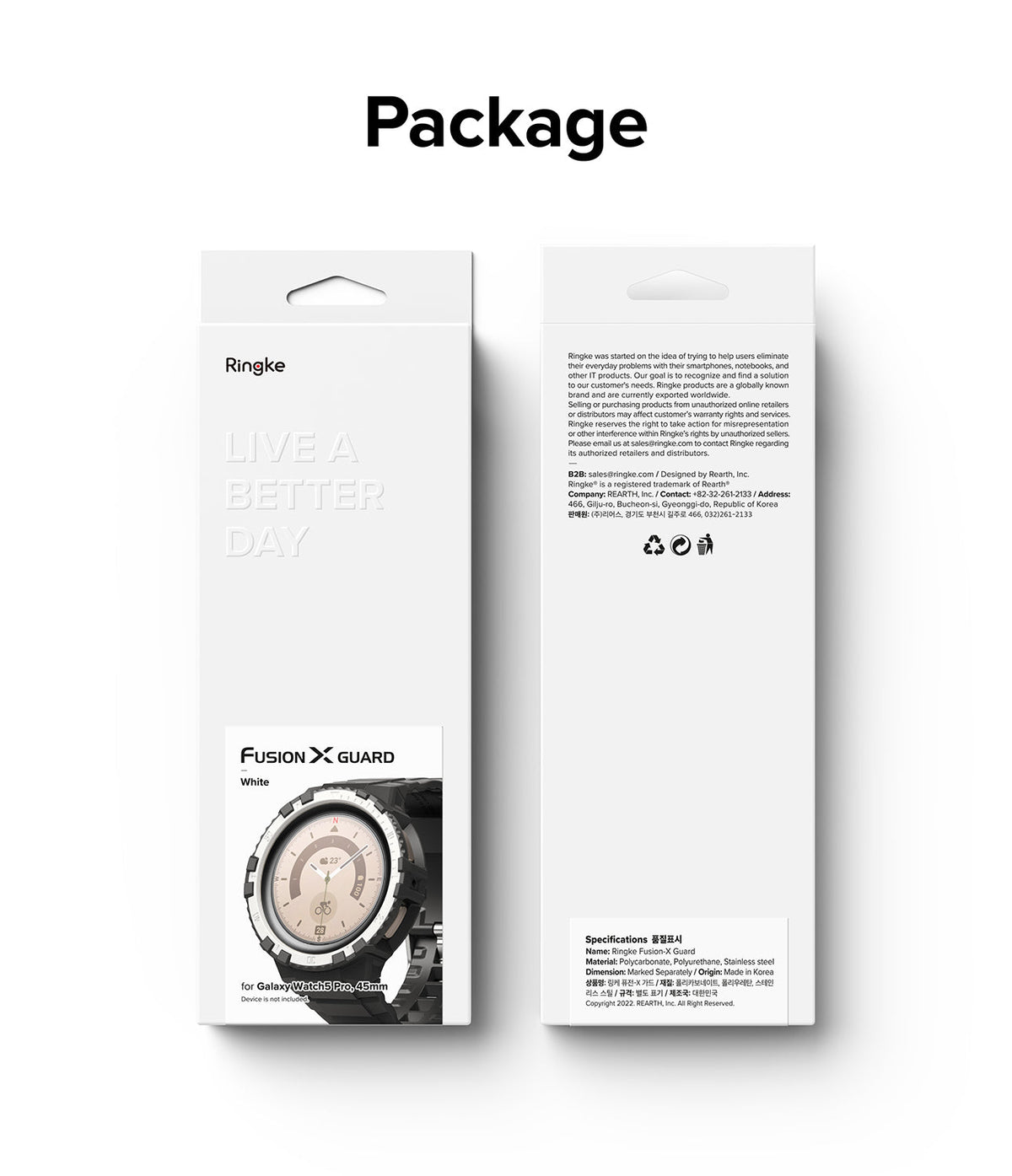 Galaxy Watch 5 Pro (45mm) Case | Fusion-X - Front and back view of white Ringke Fusion-X Guard packaging for Galaxy Watch 5 Pro.