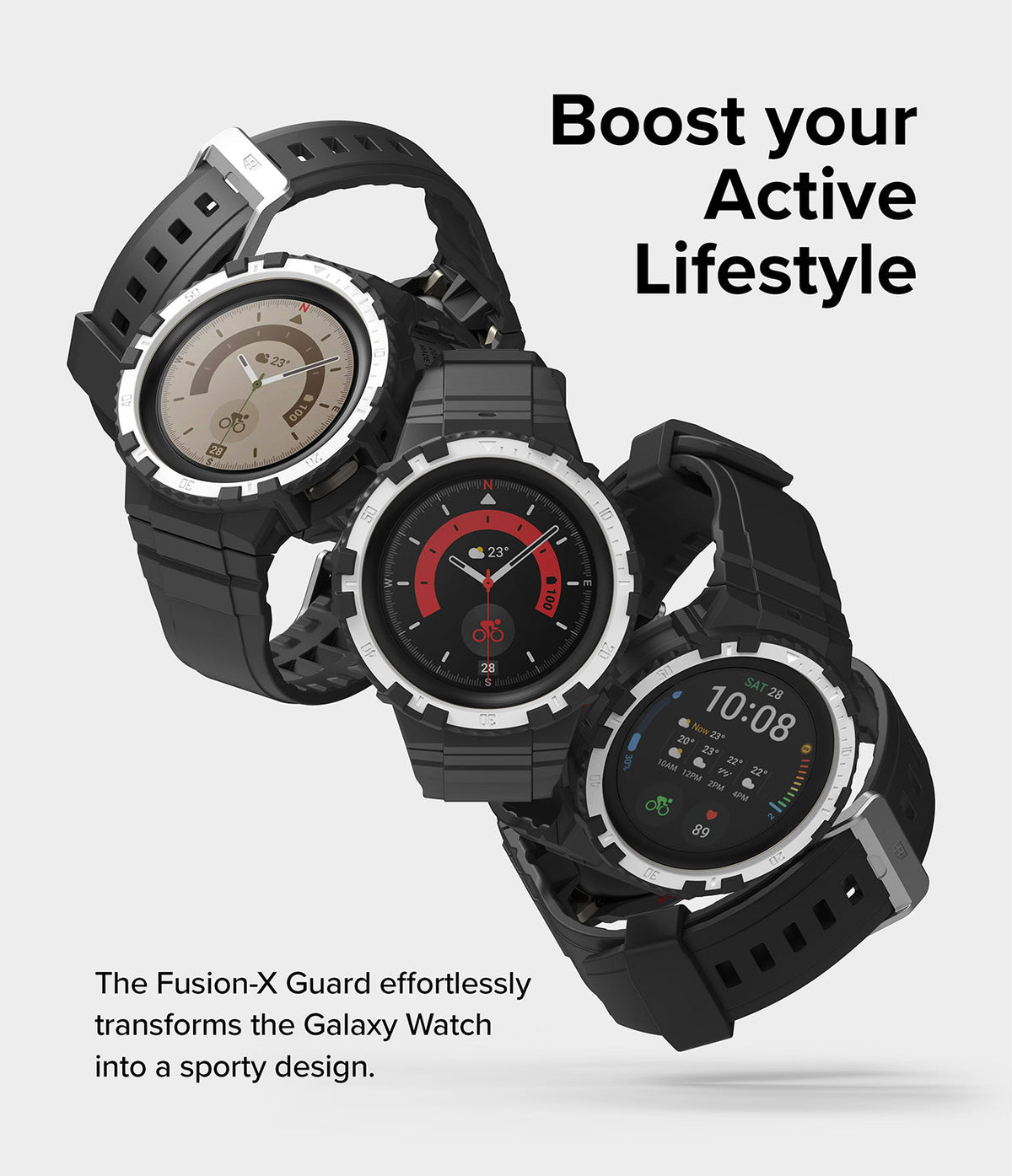 Galaxy Watch 5 Pro 45mm Case + Band | Fusion-X Guard - Three Galaxy Watch 5 Pro units with rugged Fusion-X Guard cases.