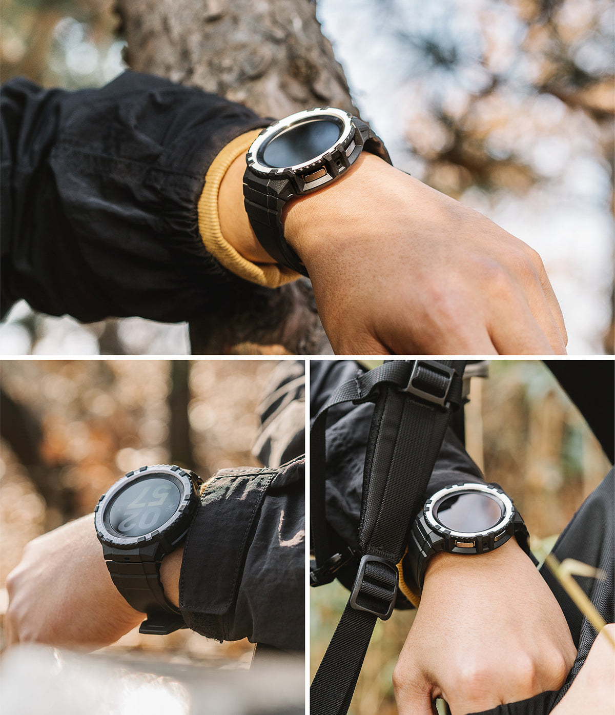 Galaxy Watch 5 Pro 45mm Case + Band | Fusion-X Guard - Rugged black protective watch case and band worn outdoors.