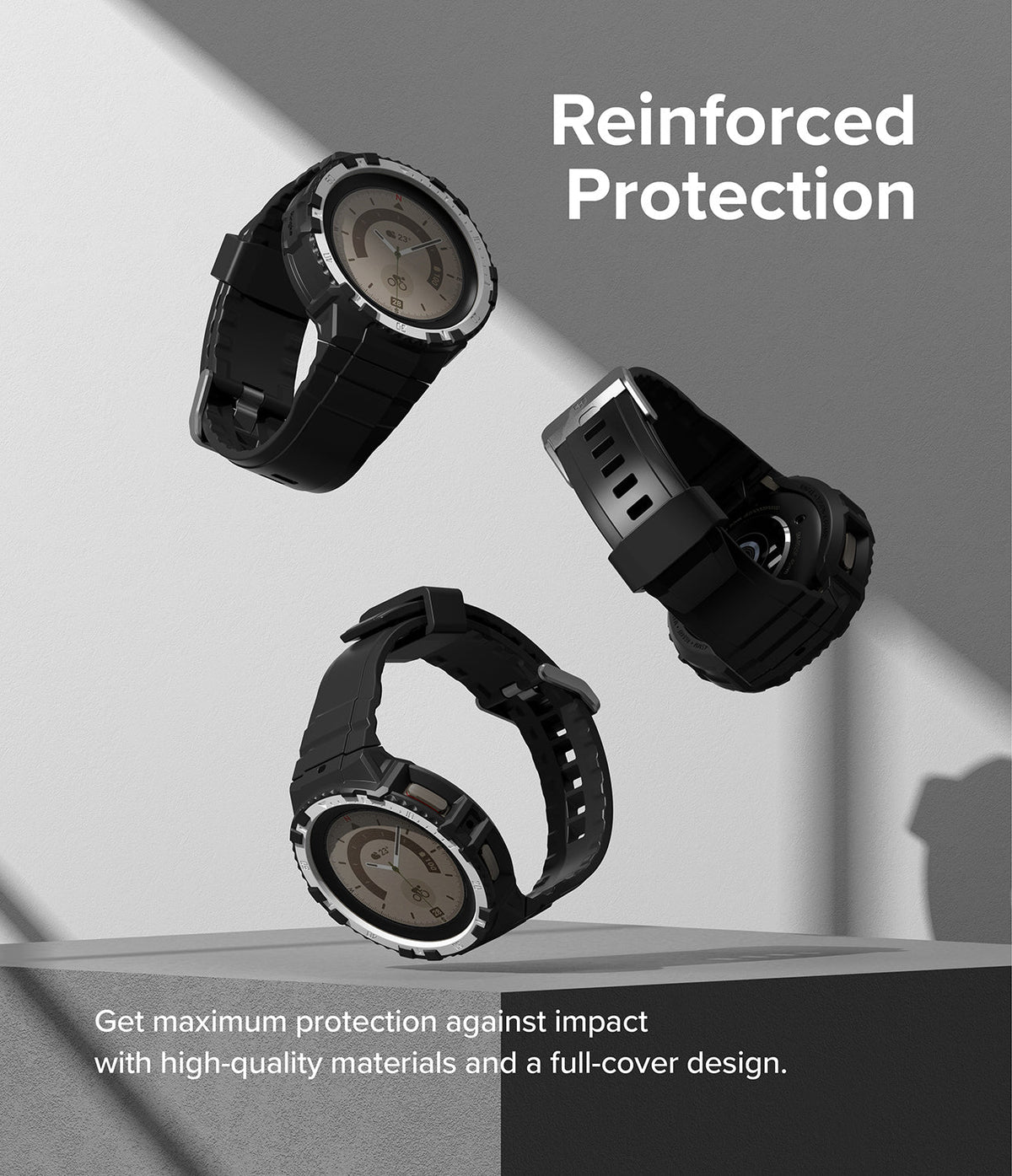 Galaxy Watch 5 Pro 45mm Case + Band | Fusion-X Guard - Three black rugged watch cases floating against a gray background.