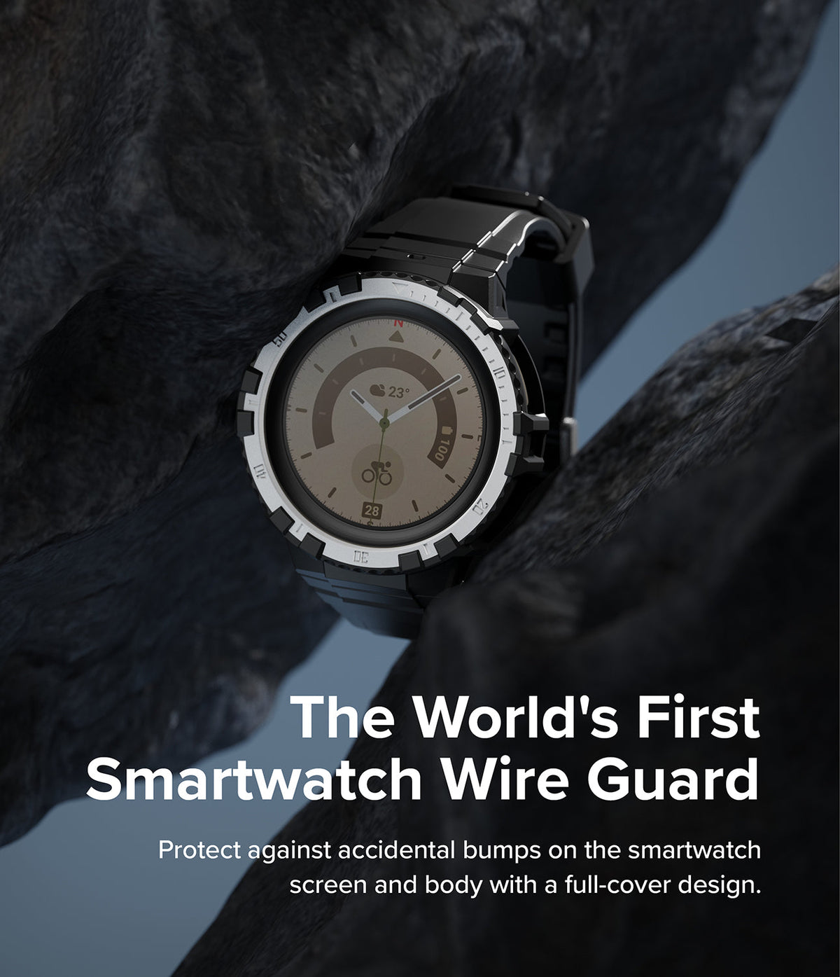 Galaxy Watch 5 Pro (45mm) Case | Fusion-X - Smartwatch with rugged wire guard bezel nestled between dark rocks.